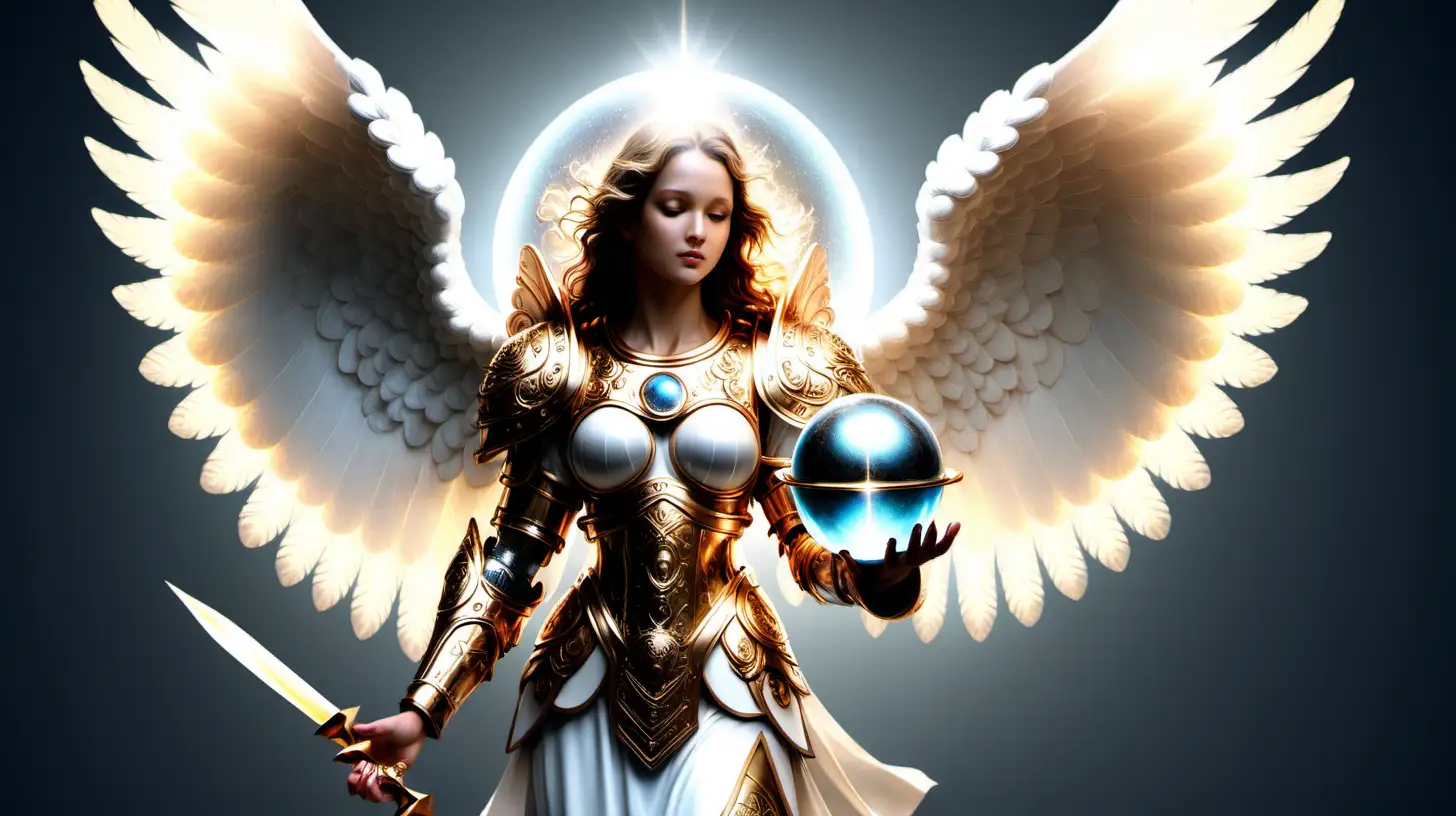 an beautiful godly angel with godly armor holding a 1 foot shining sphere in one hand