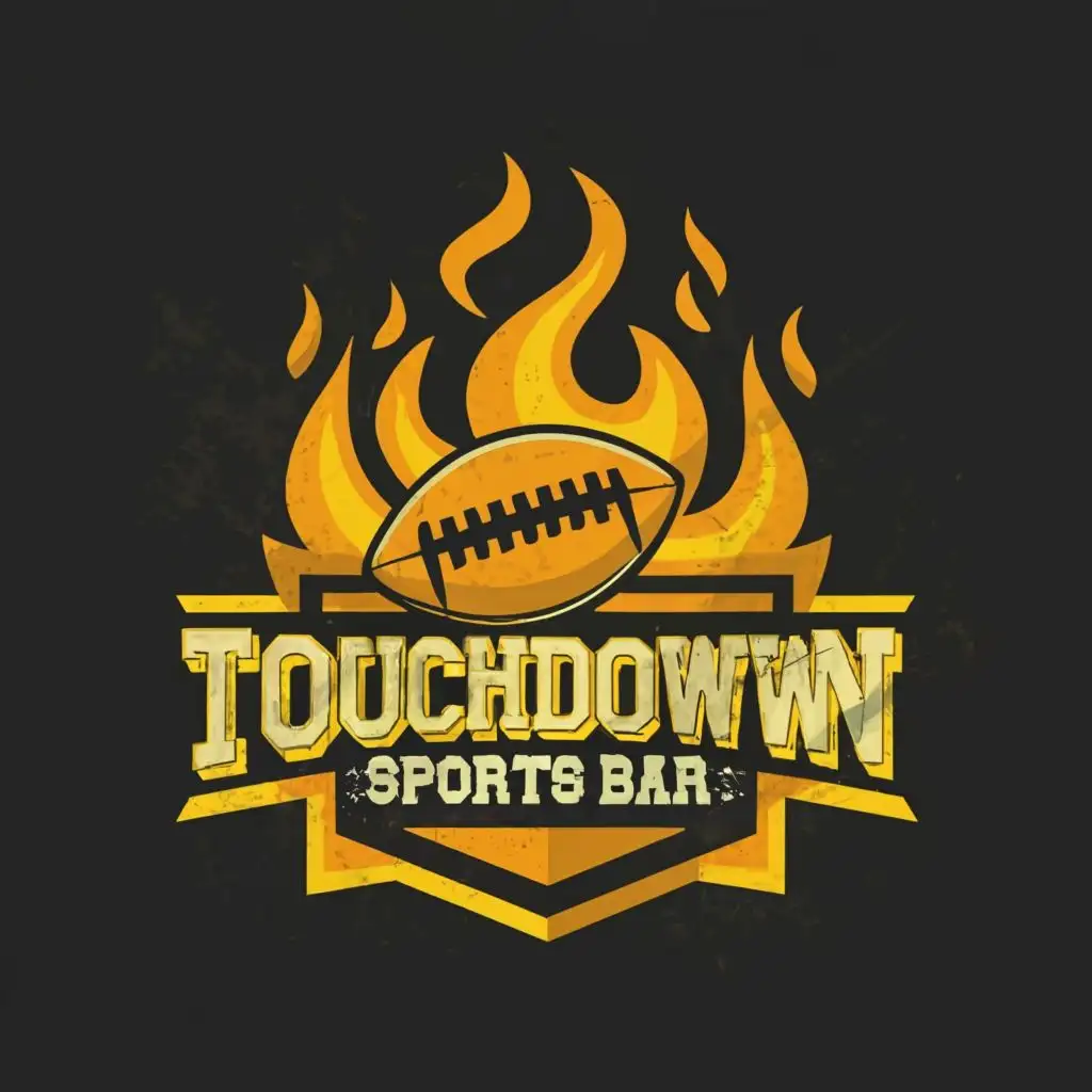logo, Yellow and black theme with fire, with the text "TOUCHDOWN SPORTS BAR", typography