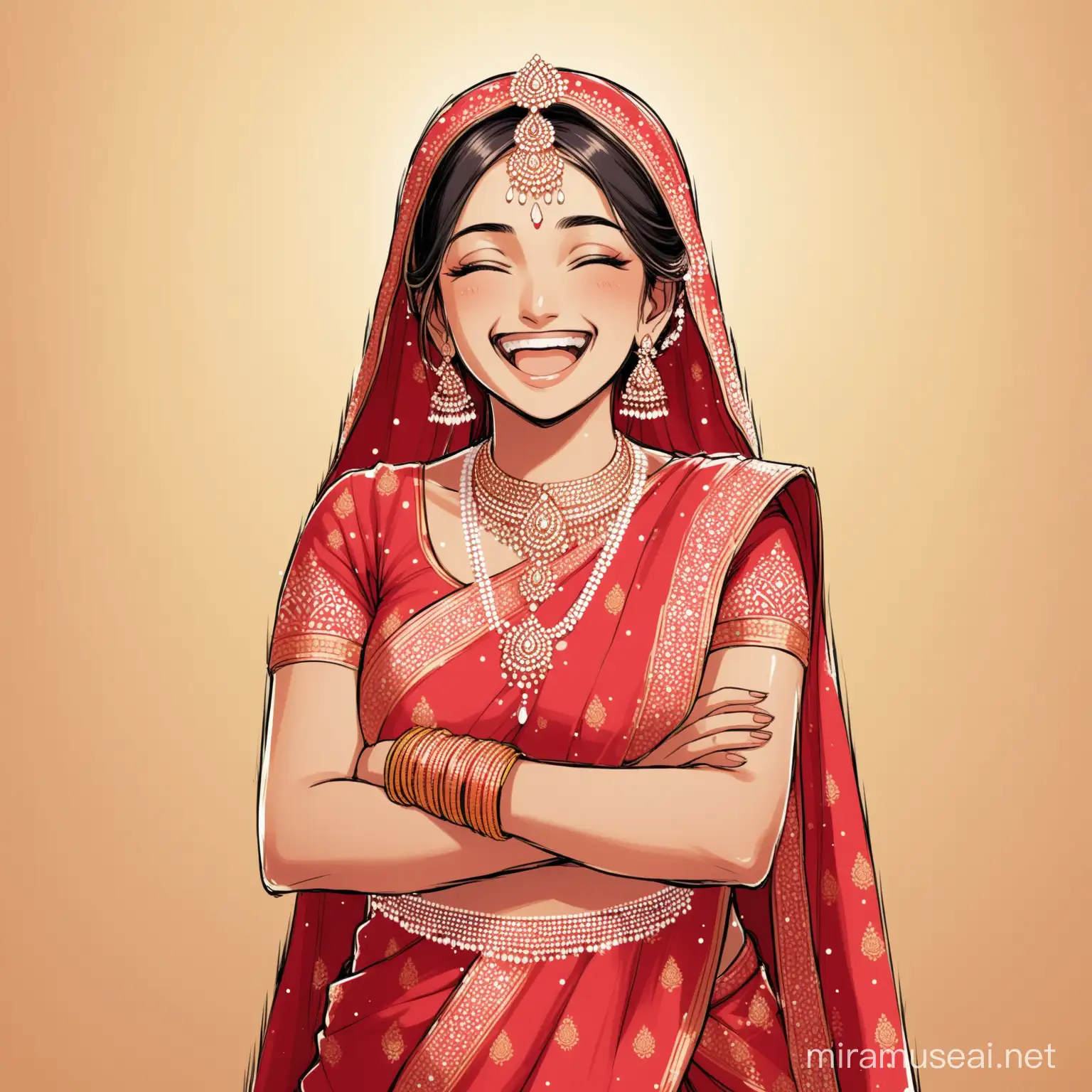 Joyful Indian Bride Laughing with Crossed Arms