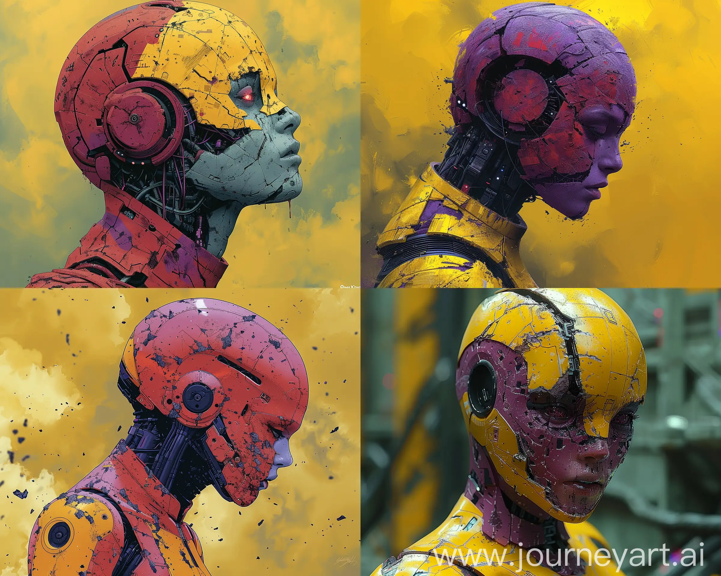 Photo of a broken ruined cyborg pantheress,, robot, body is scarred, pantheress, half the face is android, creating a hyperpunk scene with desaturated yellow and dark purple details, art by Otomo Katsuhiro --ar 5:4 --s 850