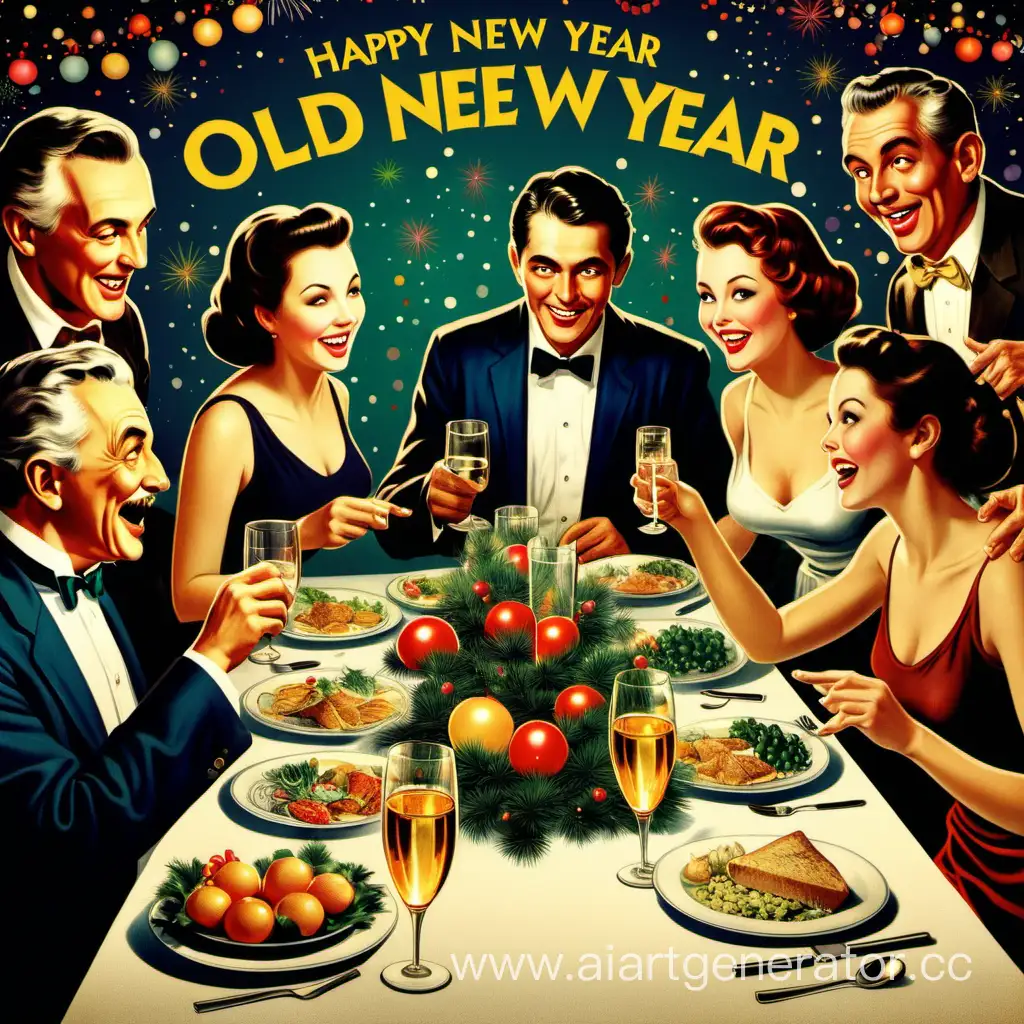 плакат про старый новый год, взрослые отмечают за столом старый новый год.