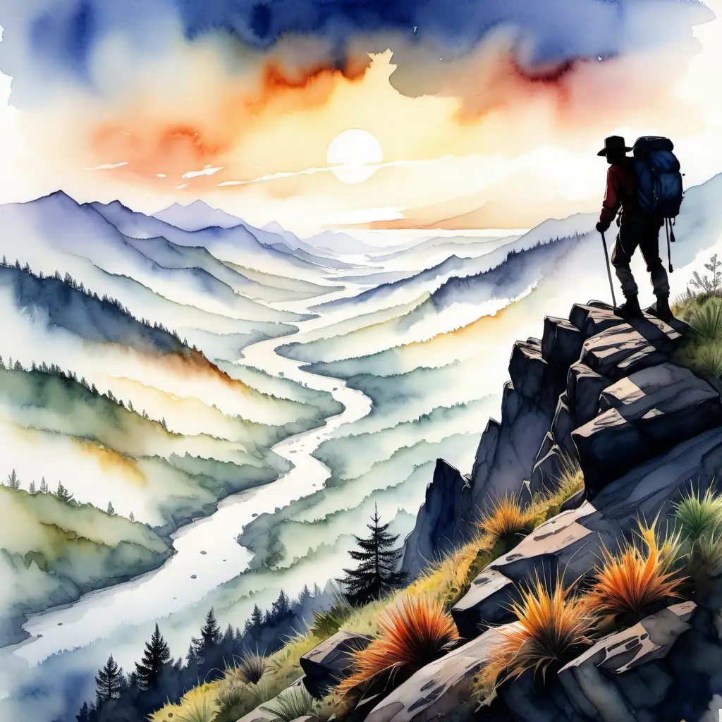 explorer, cresting a hill, silhouette,  sunrise, vast untouched wilderness, stretching to the horizon, backpack visible, winding river below, mist, watercolor, ultra fine details, vibrant, 