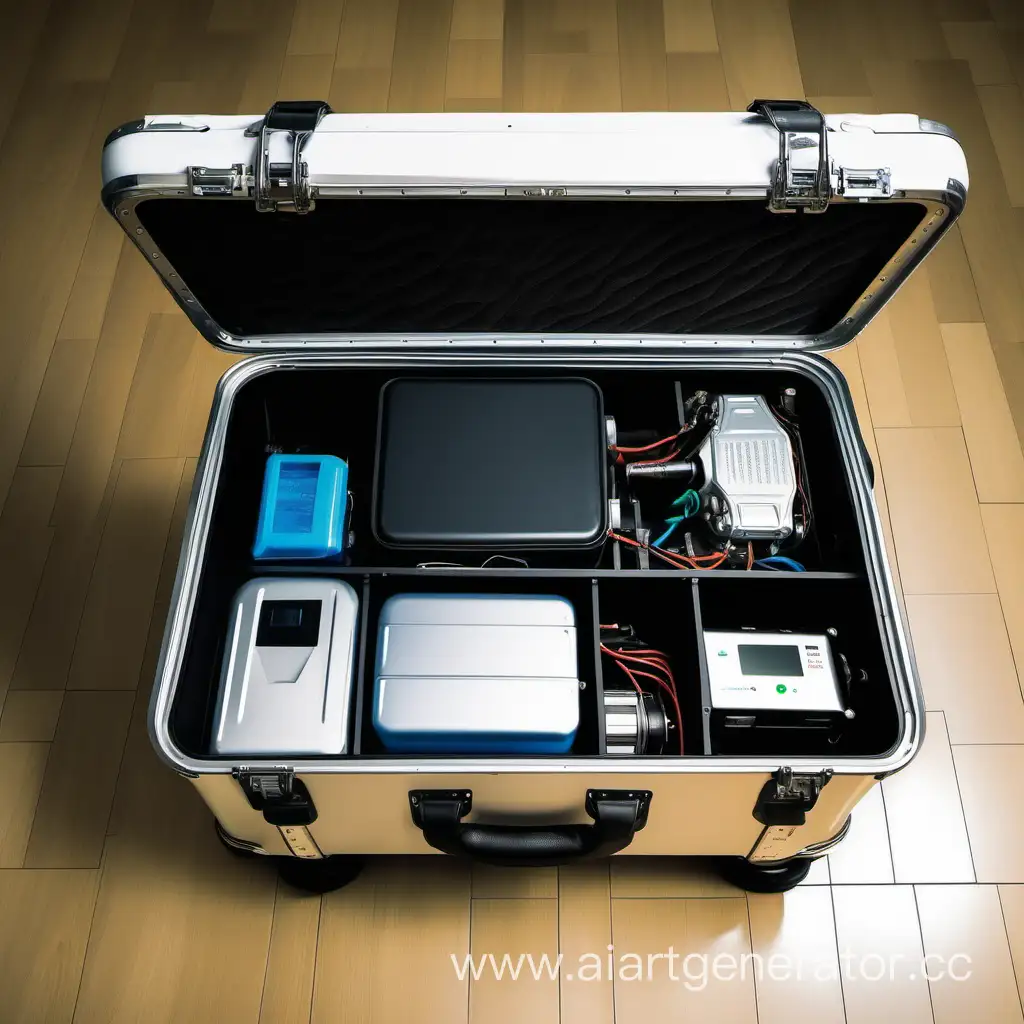 Раскрытый чемодан, в котором в горизонтальном положении(внизу) находится один баллон с водородом, который соединен с топливным элементом, редуктор и преобразователь напряжения
