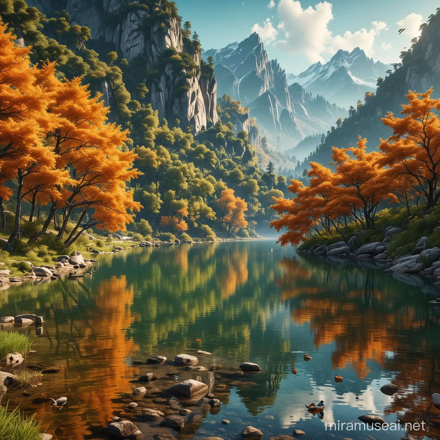 beautiful nature, lake behind, mountains,  green forest, birds, orange trees, super realistic, super detailed, super vivid, photography style, best quality photograph, 8k. 