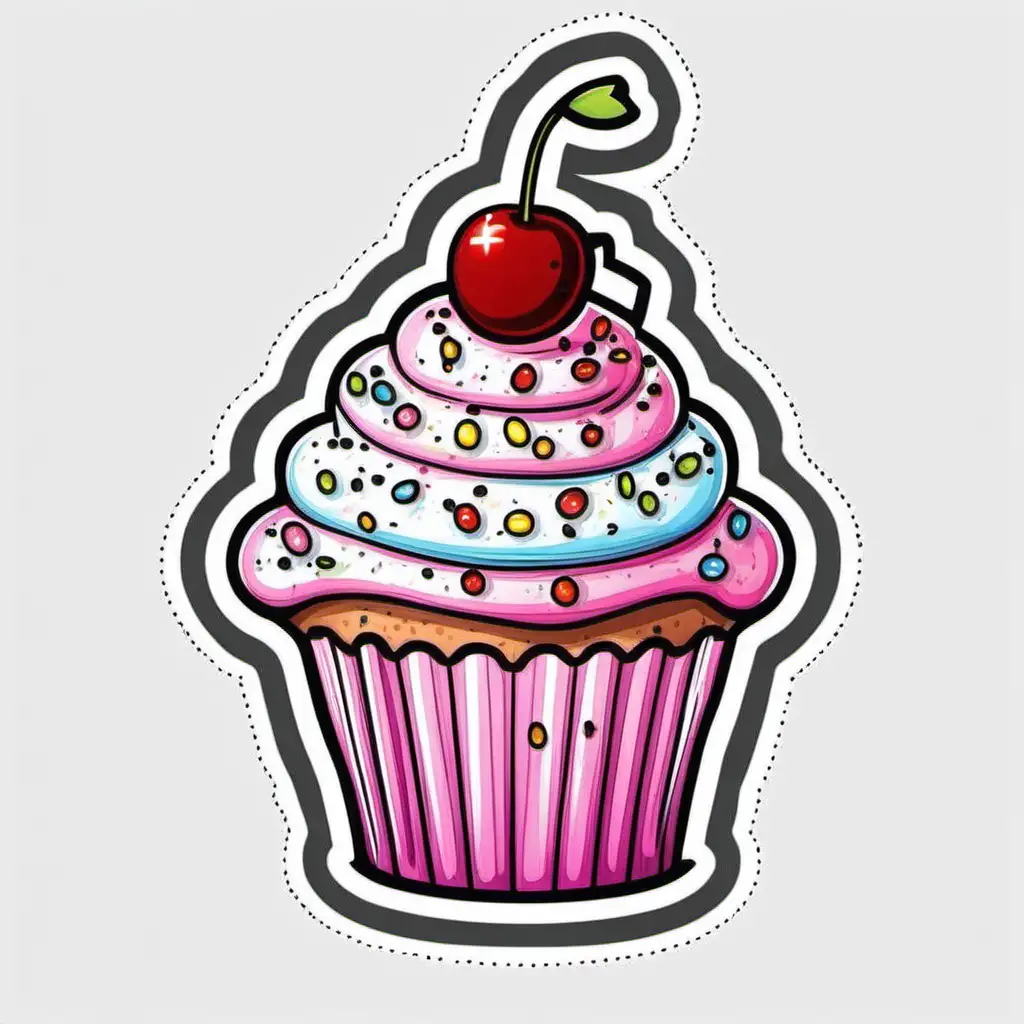 Joyful Cupcake Sticker with Sprinkles and a Cherry Vibrant Cartoon Vector Design