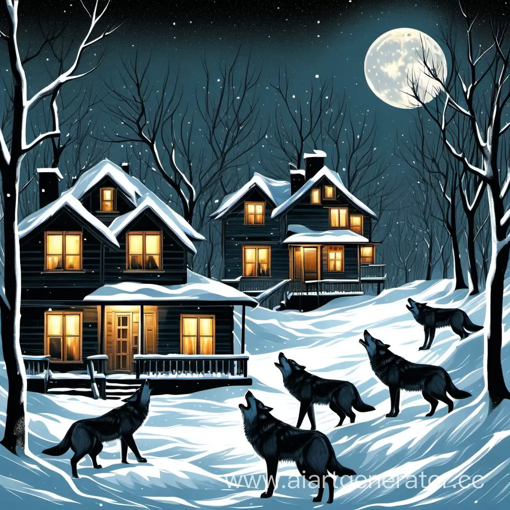 Wolves-Howling-at-Full-Moon-Amid-Winter-Village