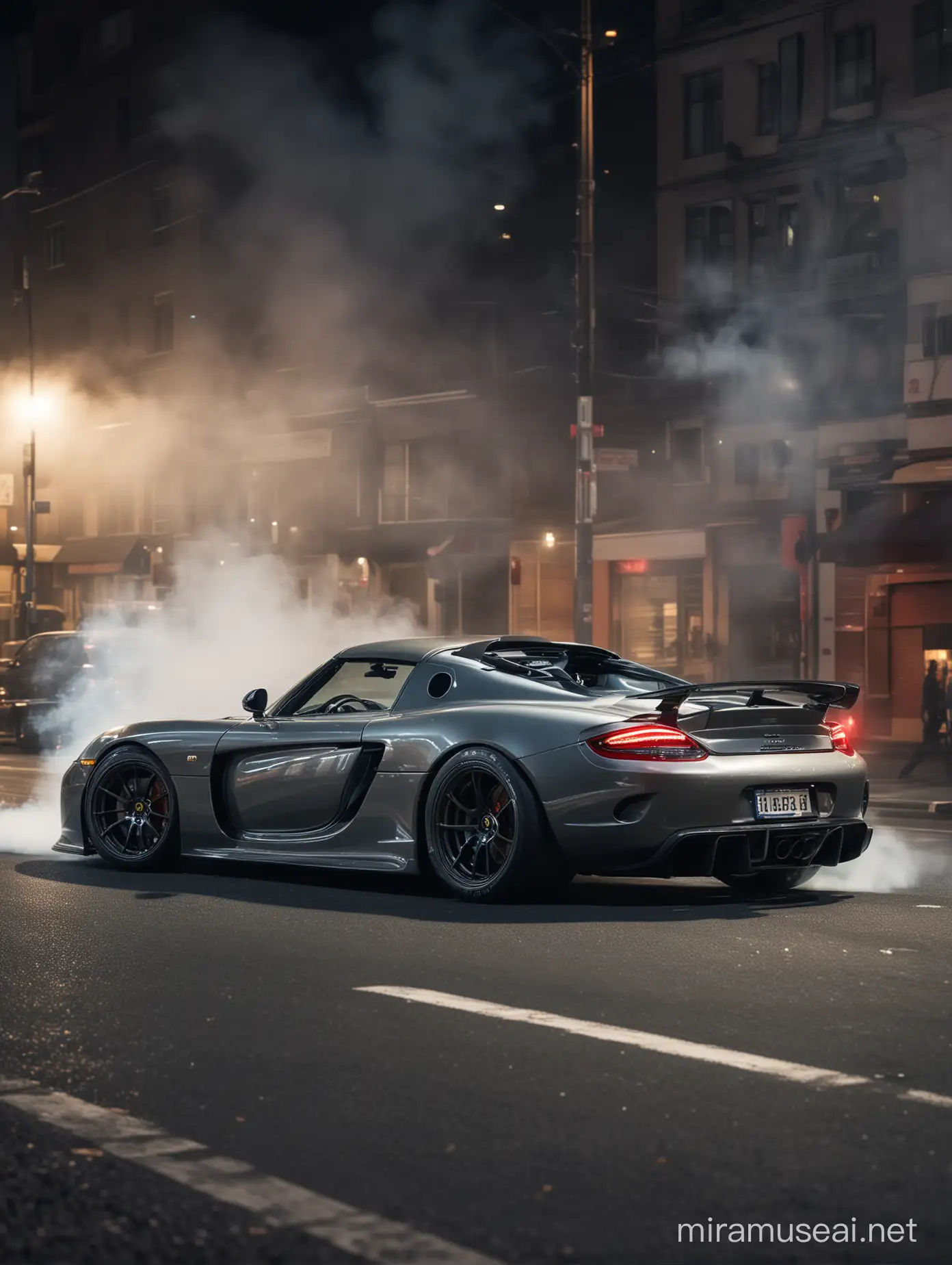a realistic photo,Side Front view, carrera gt, body kit, Drift Photoshoot, CAMERA HAZE, BLUR, Magazine LUT, HIGH RESOLUTION, real size, Smoke on tires, dynamic move, japan, night street