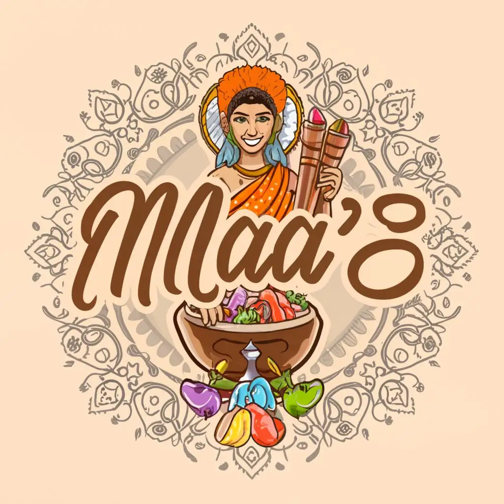 a logo design,with the text "MAA'S", main symbol:Tradition in every bite,also having variety of pickles in it