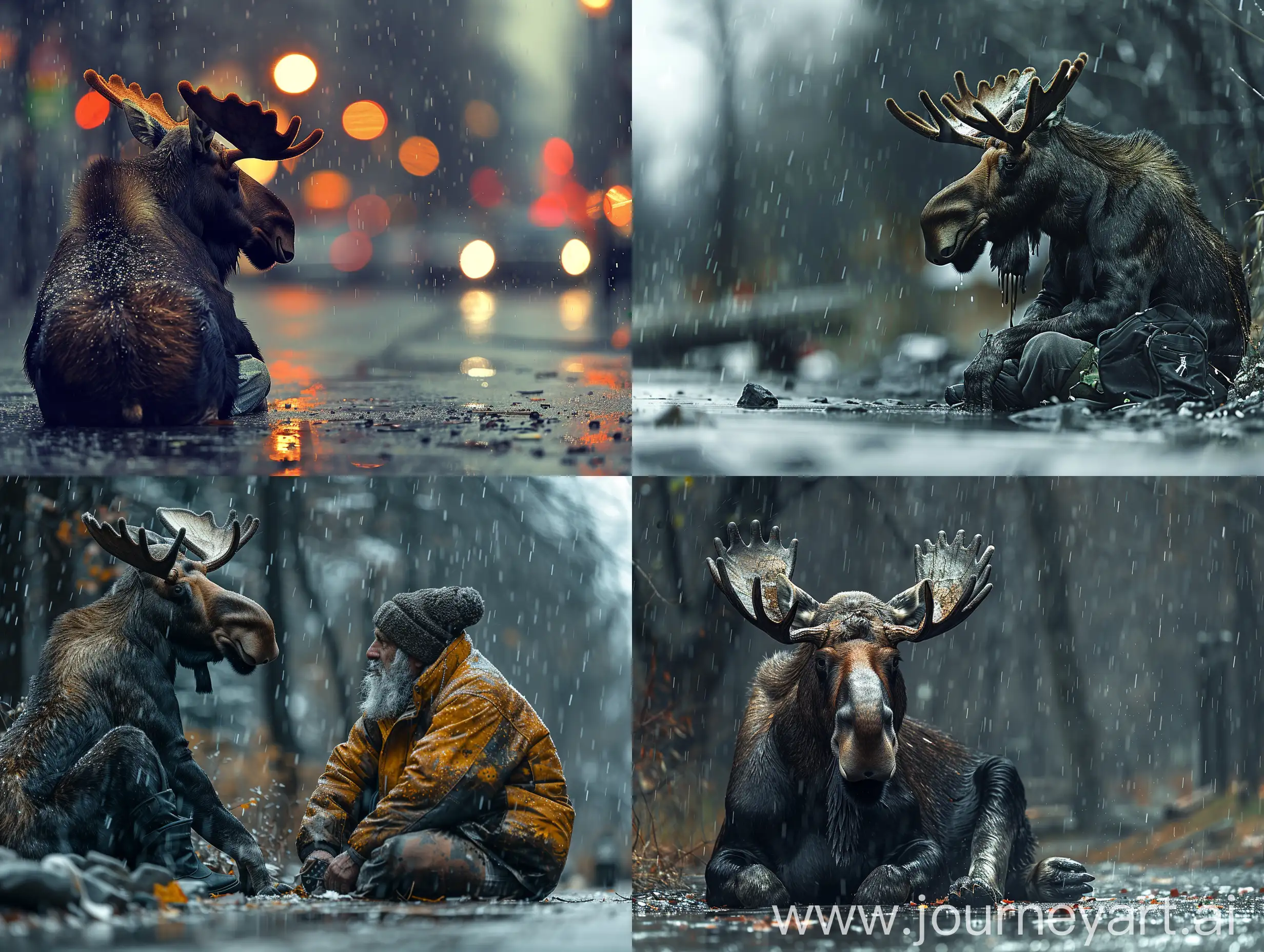 photo, moose, homeless, alcoholic, depressed, sitting, on the street, raining --style raw --stylize 750