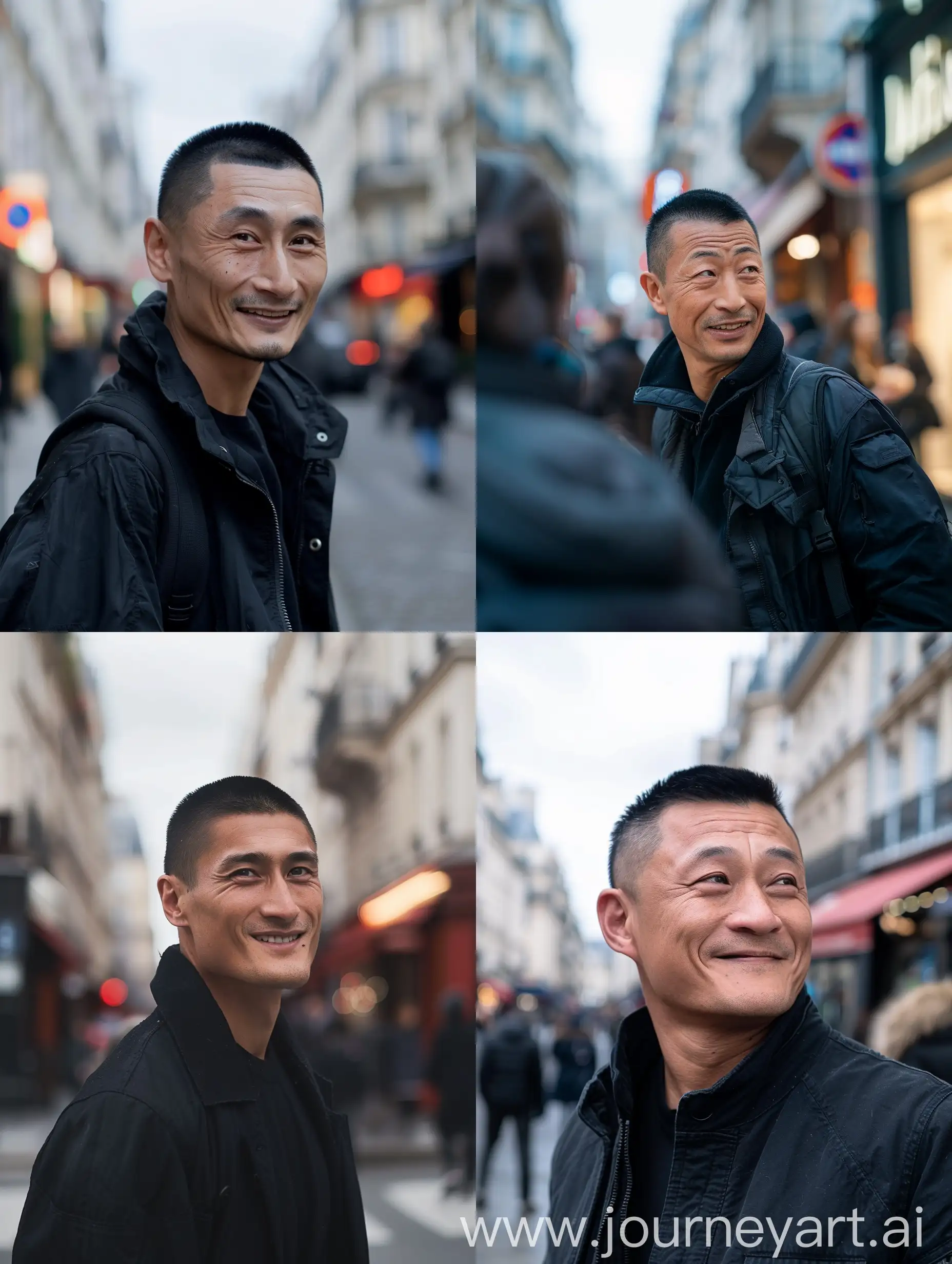 A 40-year-old man weighing 110 kg and wearing black clothes and short black hair is looking at us smiling in the streets of Paris, cinematic