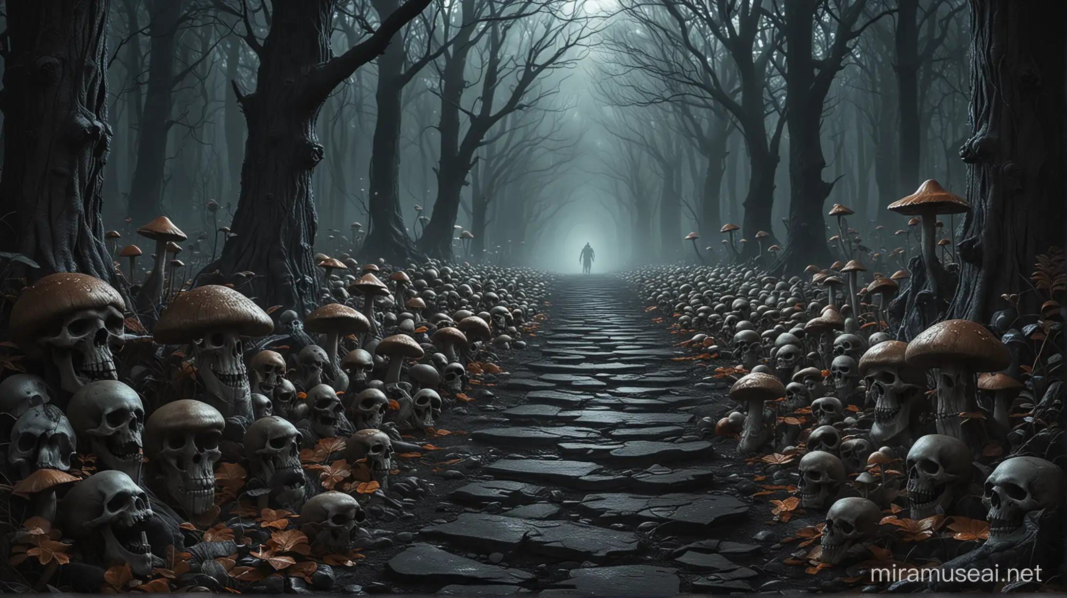 Dark pathway with skulls to another enchanted fantasy world with mushrooms