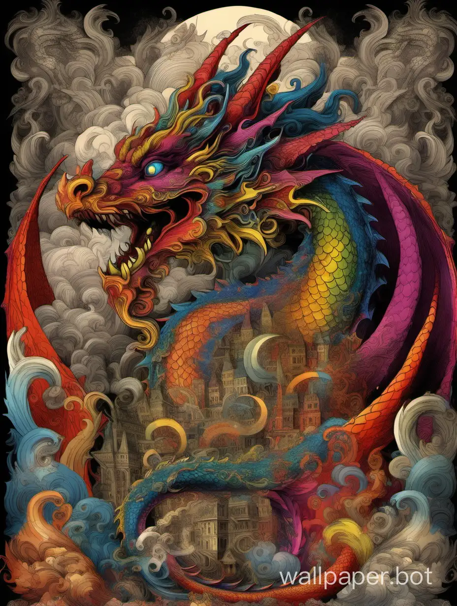 crazy dragon, ornamental assimetrical, Gustave Doré poster, hiperdetailed, multicolored, explosive colors