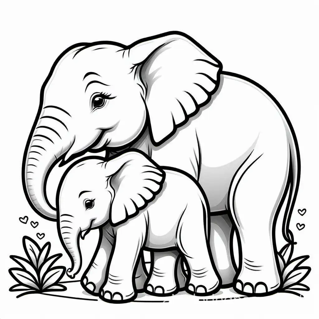 Happy Mother elephant takes care of baby elephant, Coloring Page, black and white, line art, white background, Simplicity, Ample White Space. The background of the coloring page is plain white to make it easy for young children to color within the lines. The outlines of all the subjects are easy to distinguish, making it simple for kids to color without too much difficulty