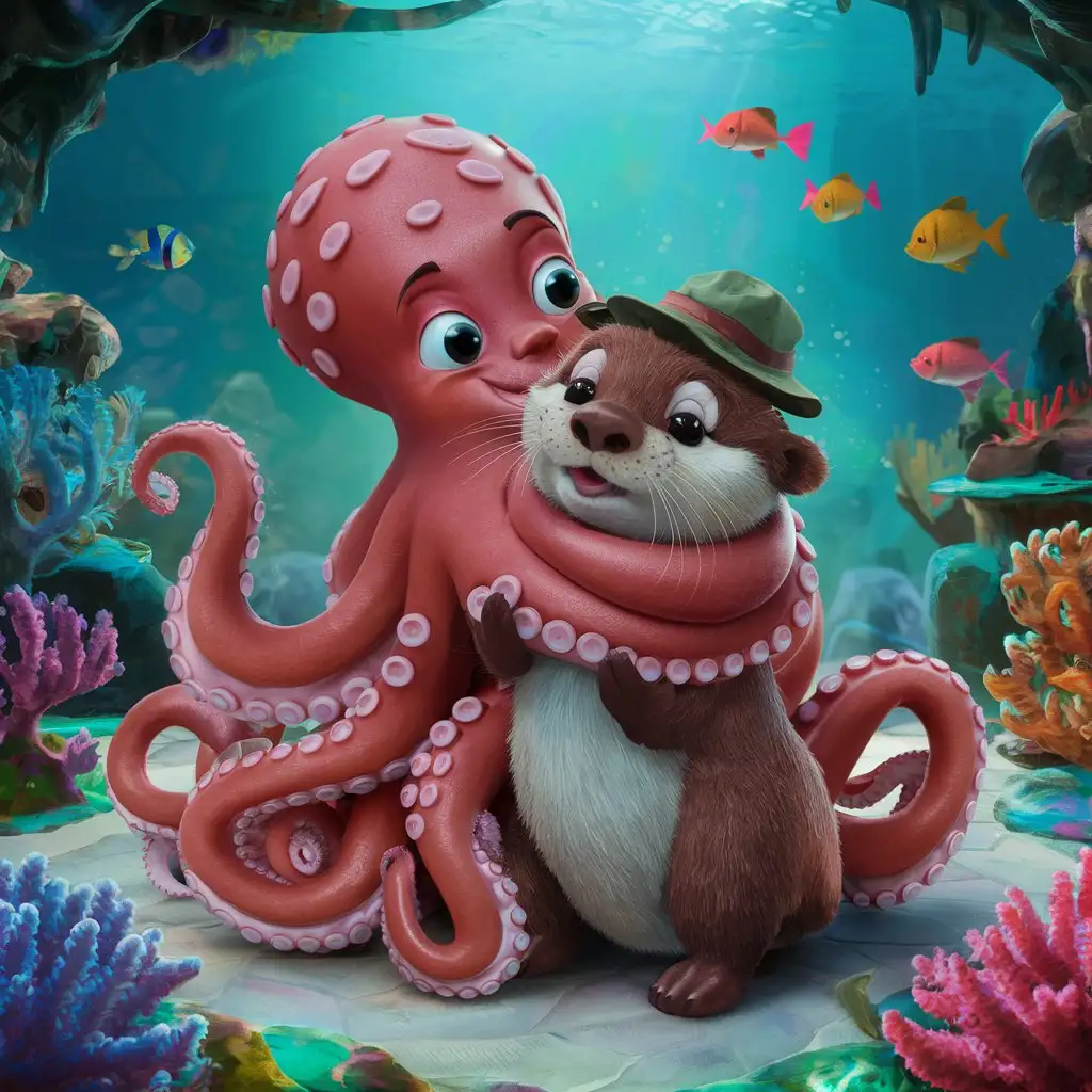 Friendly Octopus Embracing Playful Otter in Underwater Encounter
