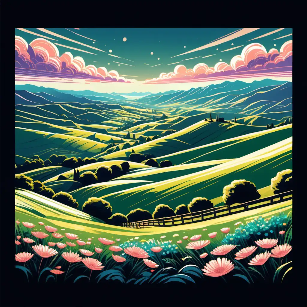 A serene landscape painting, depicting rolling hills, blooming flowers, vector, tshirt illustration, by Laurie Greasley, Letter-Image Synesthesia, natural lighting, black background --v 5. 1 --style raw,intricate colors of 2024 illustrations, 