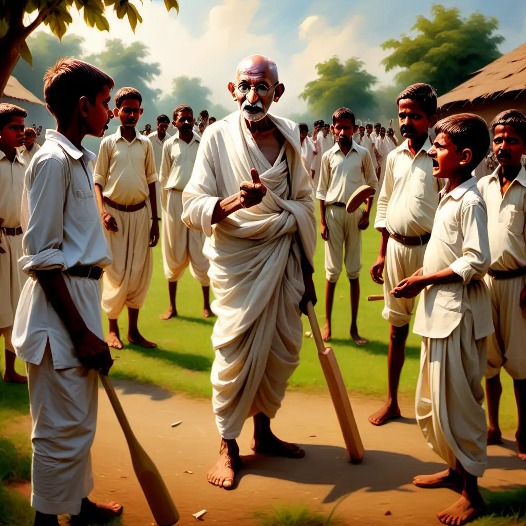 Mahatma Gandhi is holding cricket bat, arguing with kids in a village ground, kids are arguing with Gandhi, oil painting style