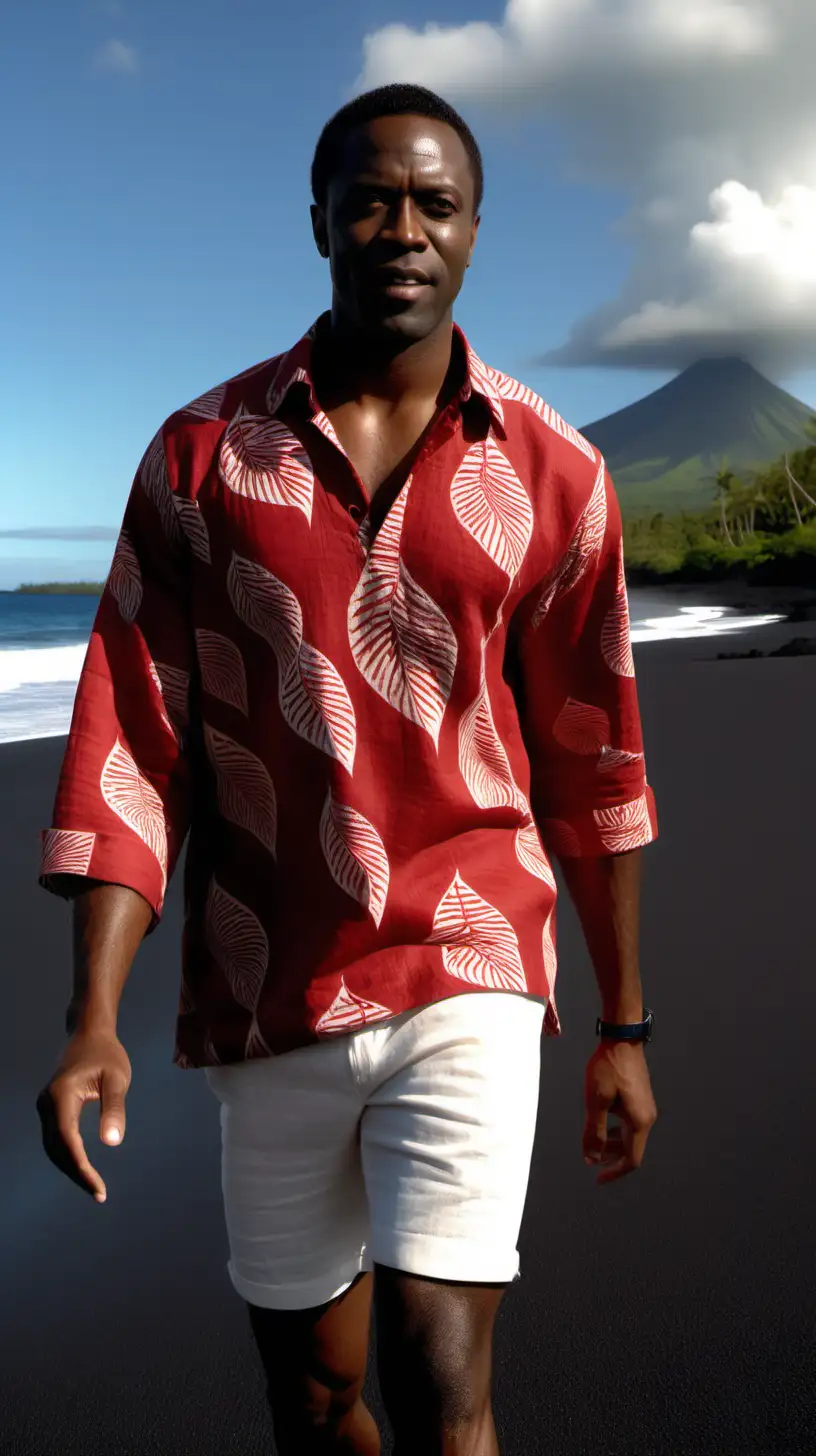 Handsome Black man, wearing  Red, Linen, African print pullover shirt, wearing White, linen shorts, close up, Walking on Black Sand Beach in Hawaii, afternoon sky, volcano in the distance Ultra 4k, high definition, 1080p resolution, lighting is volumetric