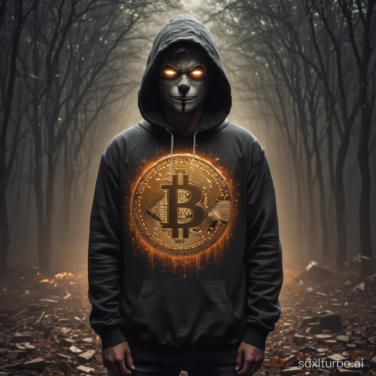 there is a new badass, dark, mysterious memecoin called "BITCOIN WORLD ORDER" and i want something badass for it. imagine a giant anonymous satoshi nakamoto facing us in a dark hoodie where his face isn't visible and his hands are outstretched in front hovering over a giant bitcoin, glowing radiantly and triumphantly in front