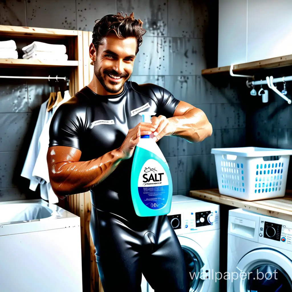 Conditioner for laundry bottle 1000 ml. Salt-X gel for washing swimsuits, neoprene clothing, wetsuits, gear. A handsome diver promotes laundry gel while holding it in his hands in the laundry room.