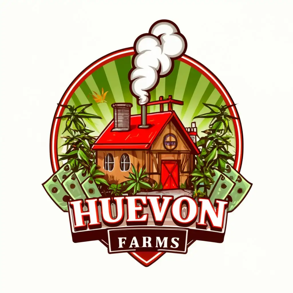 a logo design,with the text "Huevon Farms", main symbol:Cartoon Farm house with smoke coming out of it with cannabis plants around it and money bags around it,complex,clear background