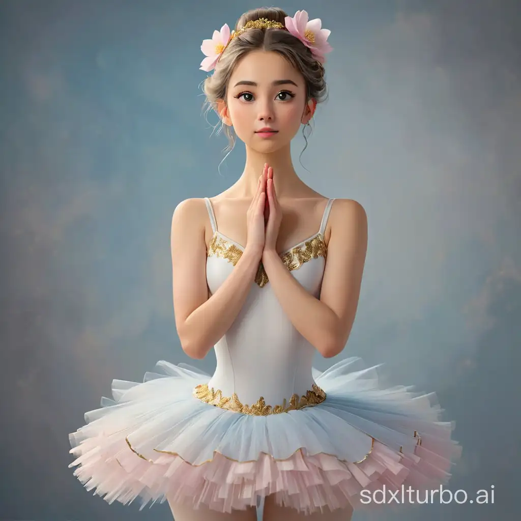 The image depicts a young woman in a white tutu and gold accents, standing in a ballet pose with her hands clasped together in front of her. She is wearing a pink flower in her hair, adding a touch of color to the scene. The background is a gradient of blue and gray, providing a contrast to the woman's white tutu. The image is signed by the artist, Albrecht Eckout.