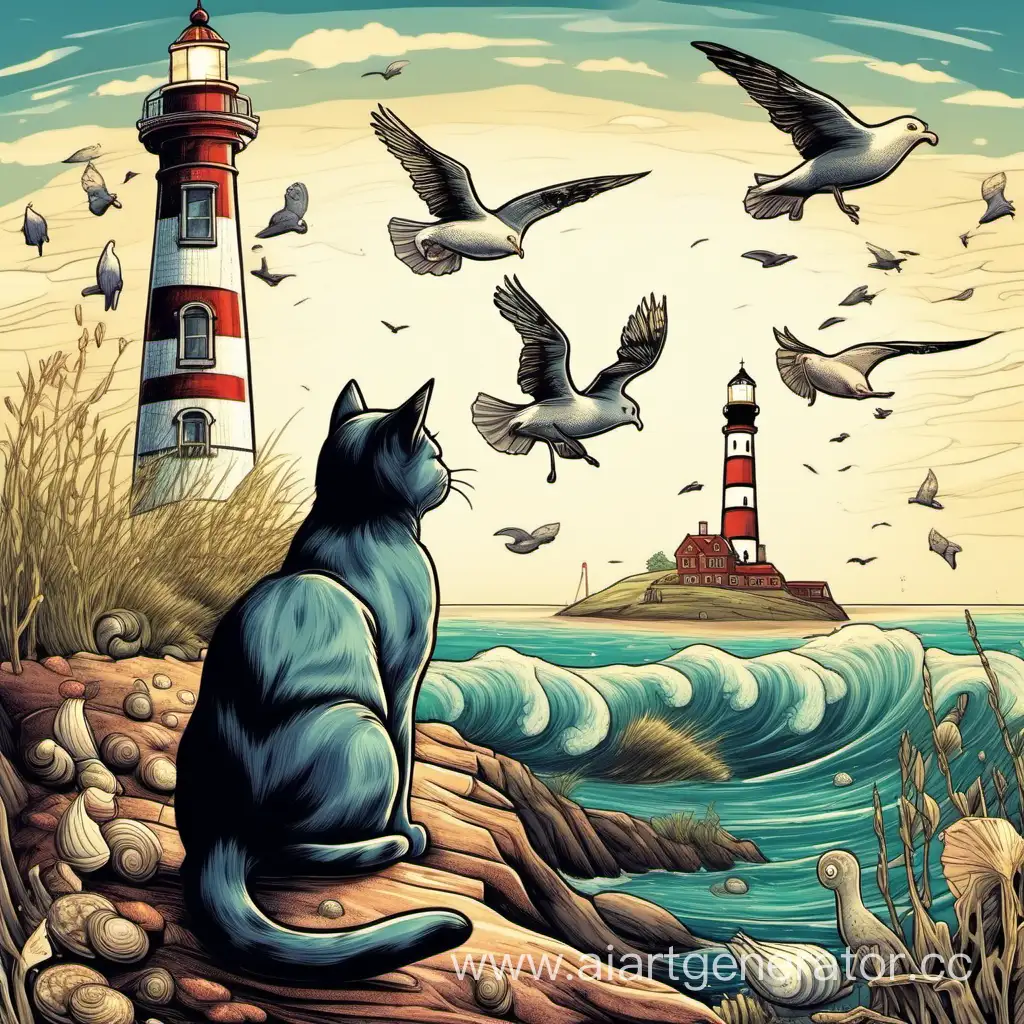Кошка у моря с улитками смотрит на маяк и чаек