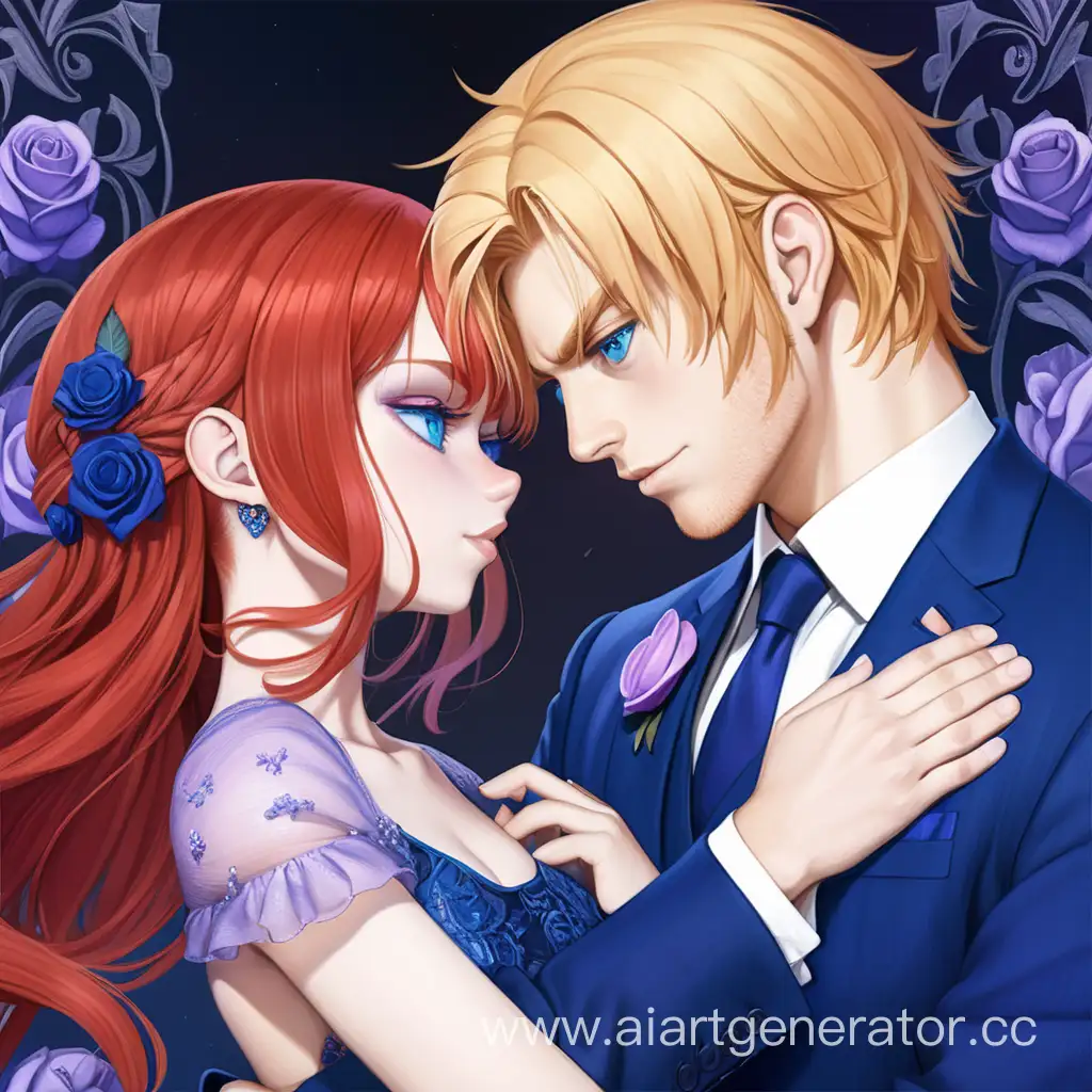 Elegant-Couple-Embracing-BlueStreaked-Blond-Man-and-RedHaired-Woman-in-Formal-Attire