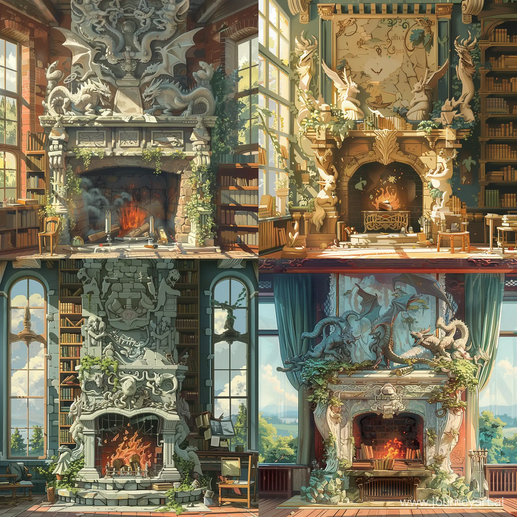 Huge fireplace decorated with scultures and reliefs of orcs and dragons, wizard's study room, fantasy, magic, a beautiful day outside by Otake Chikuha, breathtaking illustrated, simple, featured on pixiv, muted colors with minimalism, irina nordsol kuzmina, a hazy memory,  style expressive