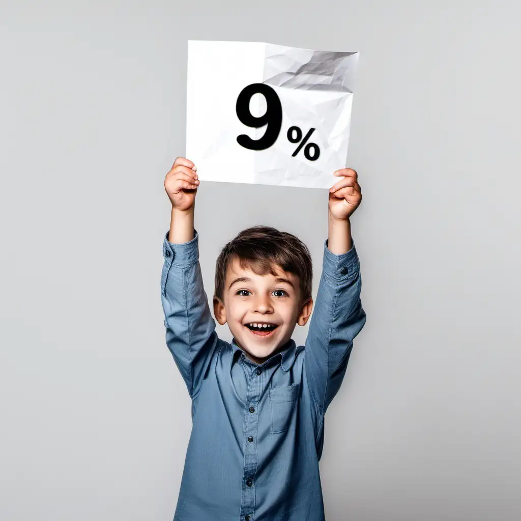a happy kid holding up a paper with +9% on it. white background 