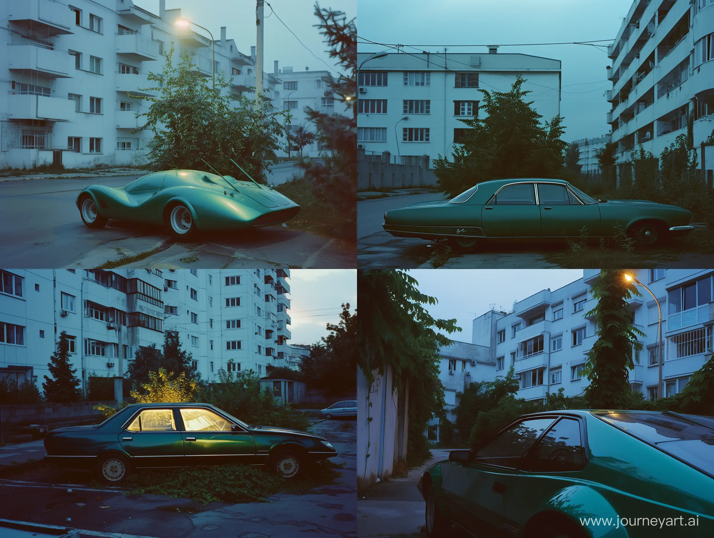 a liminal space from romania shot by alexandrutdr for a magazine about liminal spaces aesthetics with a medium format film camera, shiny green retro car with smooth curves, extremely controlled light overgrowth on a residential street with white brutalist apartment buildings, moody, clean, minimalistic, 1990s aesthetic, shot at dawn, shot at dusk, modern digital and glitched colors, soft highlights, deep blacks, imperfect, golden ratio composition by expert creative, limbo
