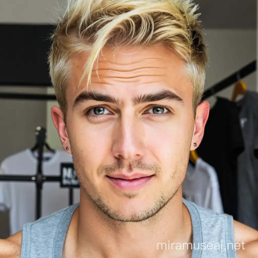 a man weraing a t shirt, young, blonde haircut