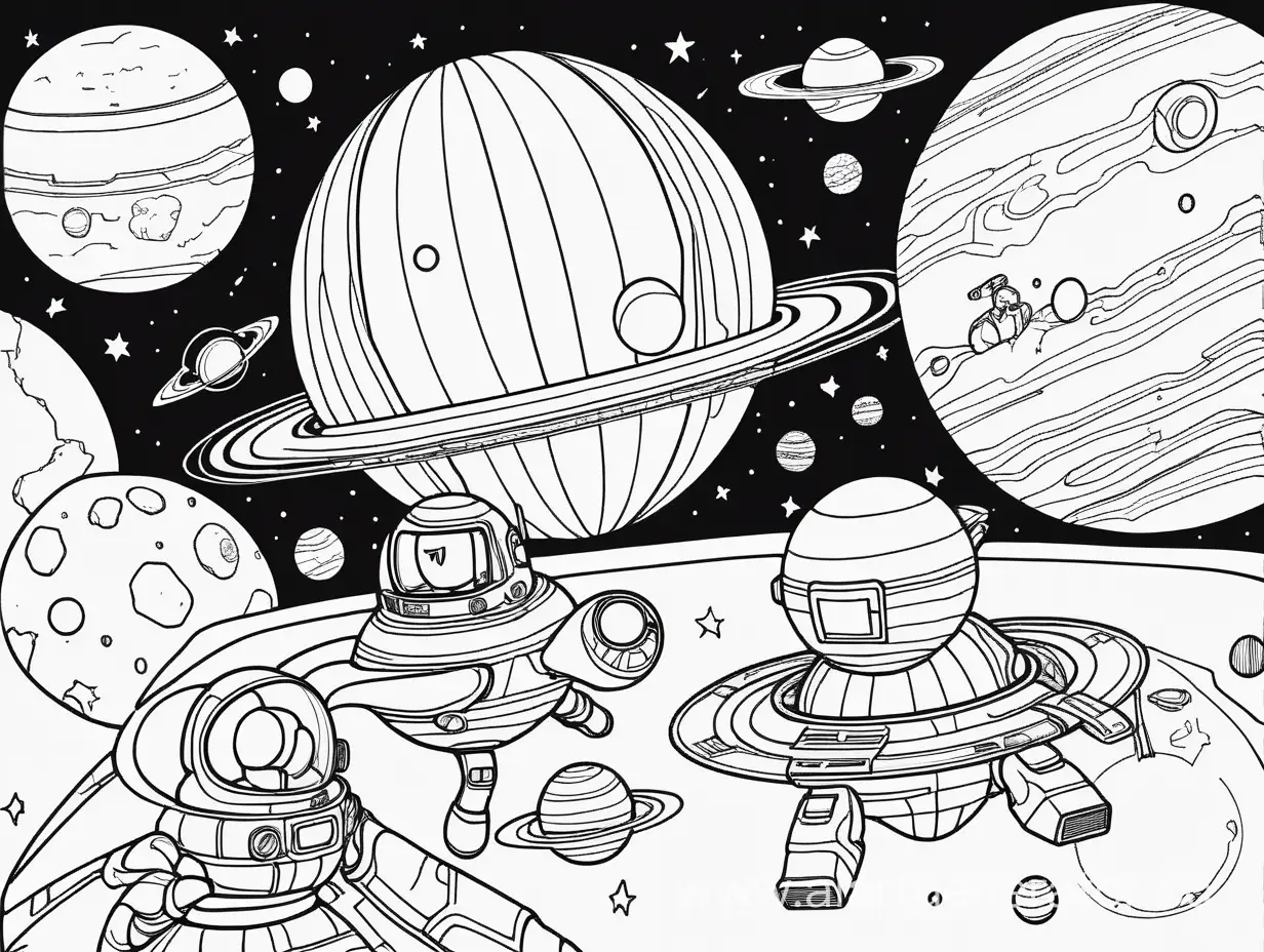 Space-Planets-and-Spaceships-in-Clear-Contrast-on-White-Background