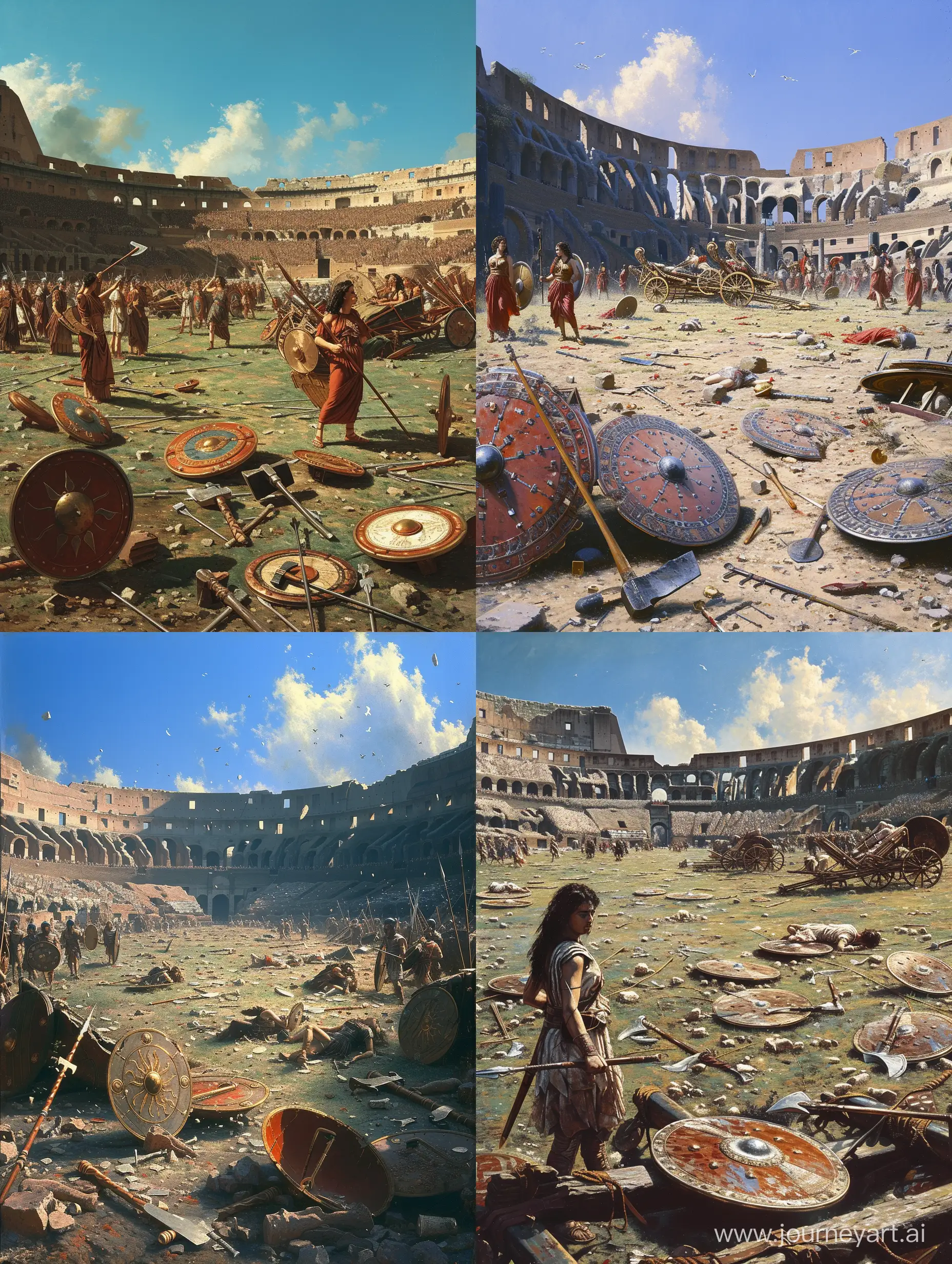 Female-Warriors-Battling-in-the-Colosseum-Amidst-Broken-Chariots-and-Scattered-Weapons