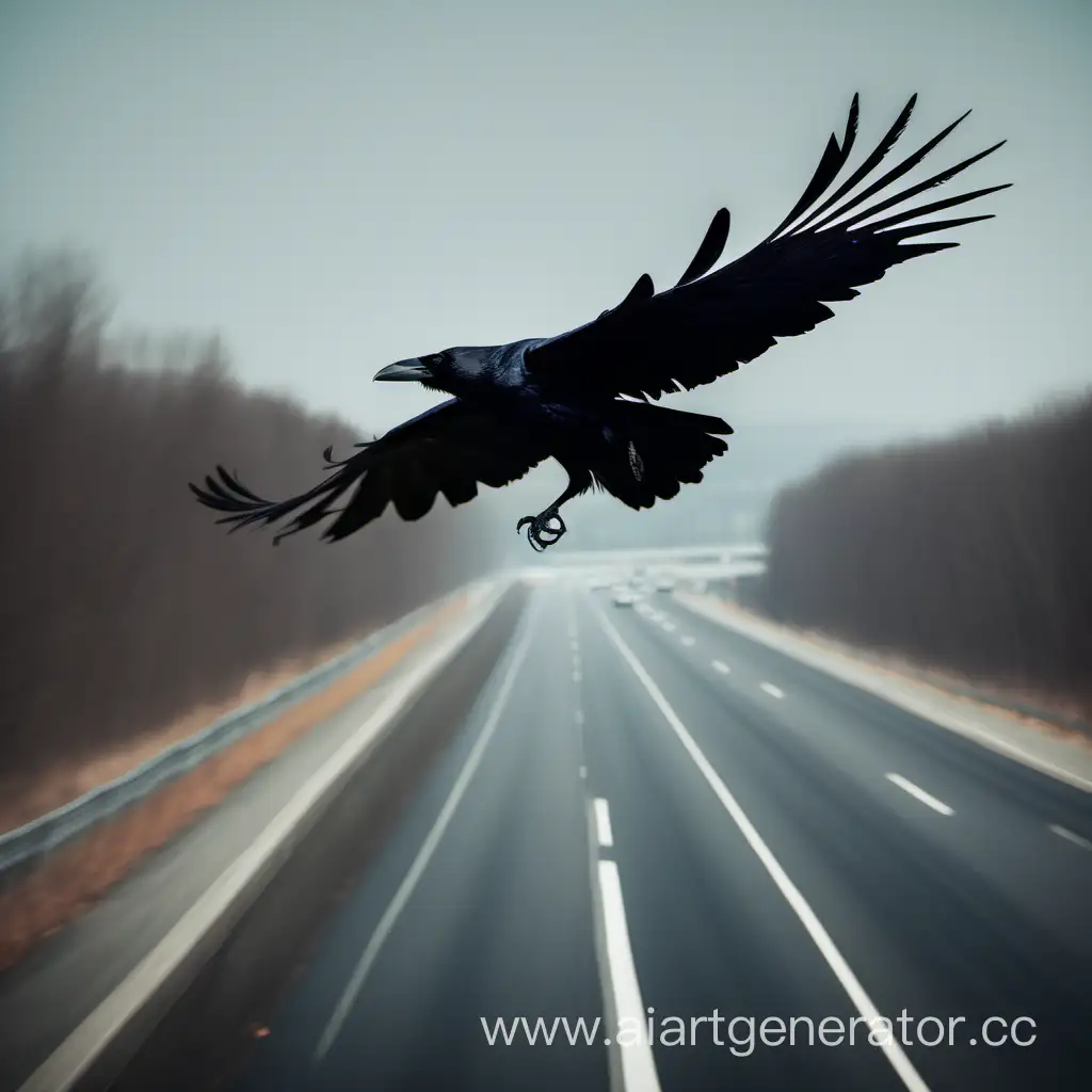 Black raven flying over highway