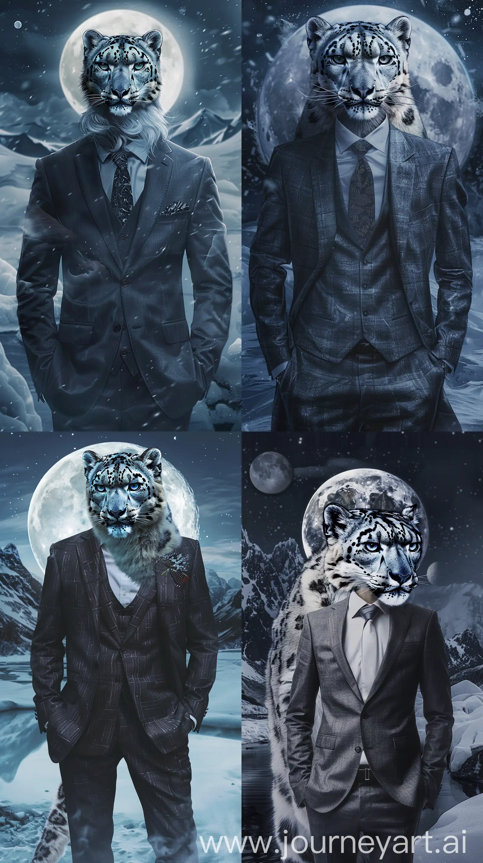 Create an intriguing phone wallpaper in the style of Charles Blackman, depicting a snow leopard anthropomorphized into a man wearing a suit. This character should exude an air of mystery and grace, with Blackman's characteristic fluid lines and a backdrop of a snowy, moonlit landscape that reflects the leopard's natural habitat. The artwork should blend realism with a touch of the surreal, capturing the elegance of the snow leopard in a humanized portrayal.` --ar 9:16