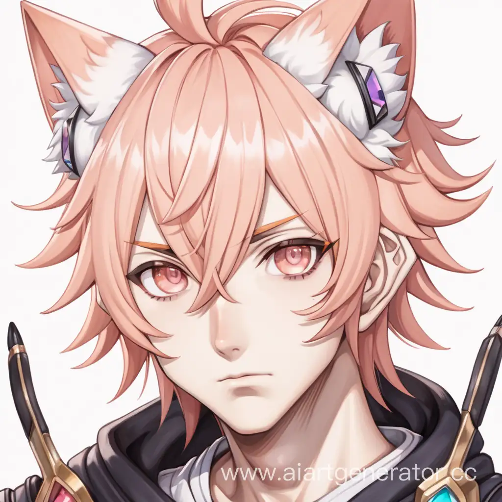 anime guy with peach-colored hair sharp cat ears and heterochromia