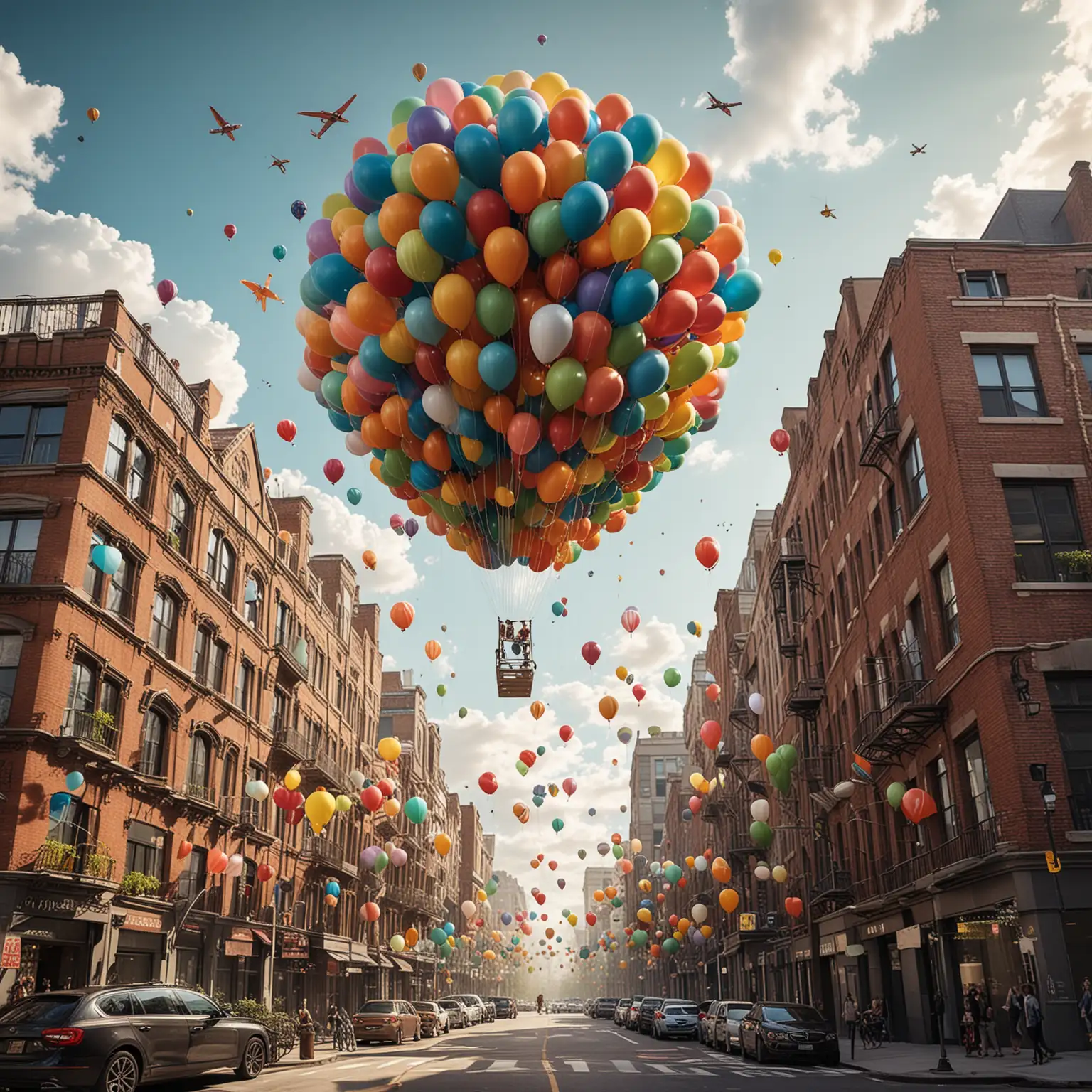 Imagine an urban renewal project by Urban Union, but with a whimsical twist. Create a stunning, high-resolution image of a cityscape where each building is creatively lifted into the sky by an array of colorful hot air balloons. Visualize a bustling, floating neighborhood above the clouds, with green spaces, outdoor cafes, and playgrounds all suspended by a cluster of cheerful balloons. The architecture should be modern and eco-friendly, reflecting sunlight off solar panels. Add playful details like residents using ladders to move between levels, and children sending paper airplanes gliding from balcony to balcony, showcasing a lively and elevated urban life
