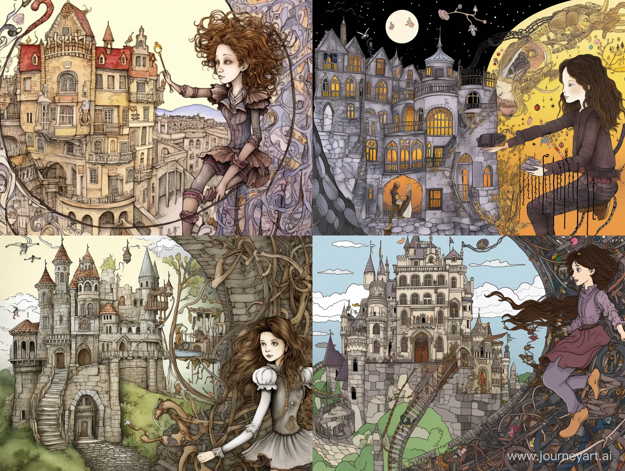 dangerous fantasy, in the foreground on the right is part of an openwork stone arch, the arch goes up, in the center is a spiral staircase, on the left is an English building of the 19th century, a cute puppet girl is running from its doors, threads are tied to her hands, dreamland, dark fantasy, dark botanical , detailed drawing or photo, filigree, super detail, close-up, dark red brown background with haze, haze and filigree, shine, hyperrealism, professional, 3D