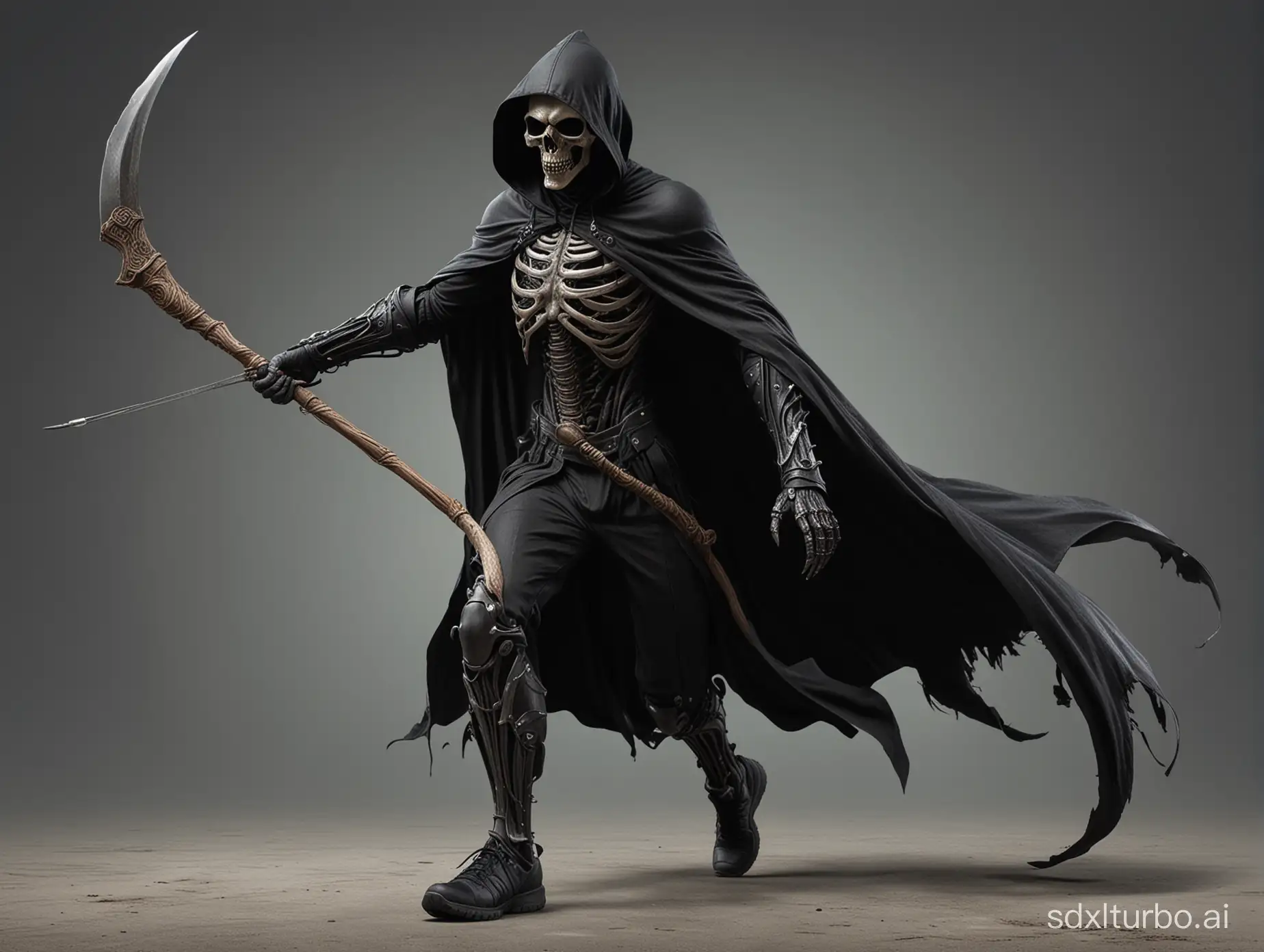 A super realistic photo rendering of the Grimm Reaper running while clutching his upright scythe in his skeletal left hand and wearing a black cloak, running shoes and a black jogging suit.