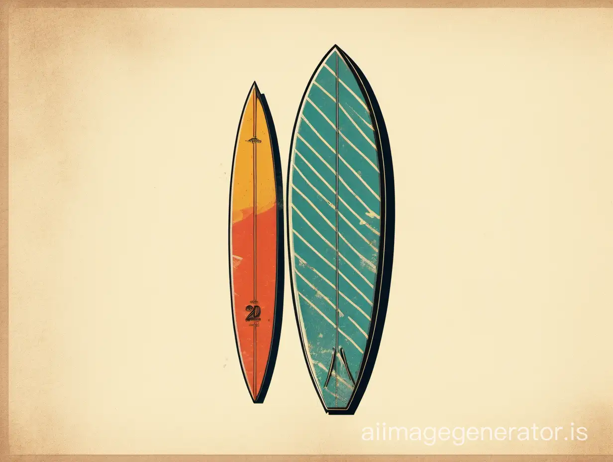 2d flat drawing of a vintage distressed graphic design featuring a surfboard on a white background