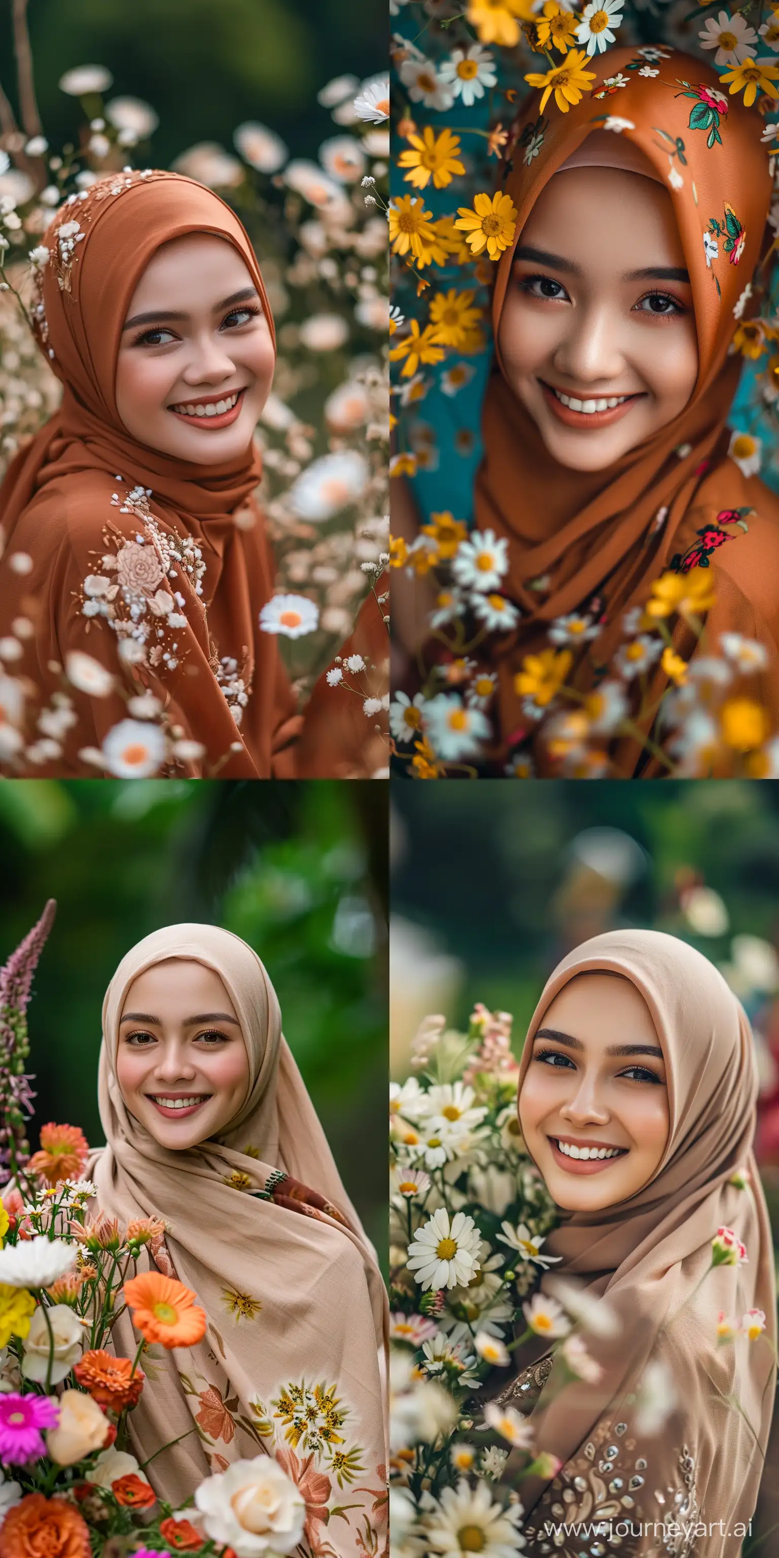 A photo of a smiling of beauty woman with flowers, wearing indonesia hijab style, Nikon D850, 85mm lens, --ar 1:2