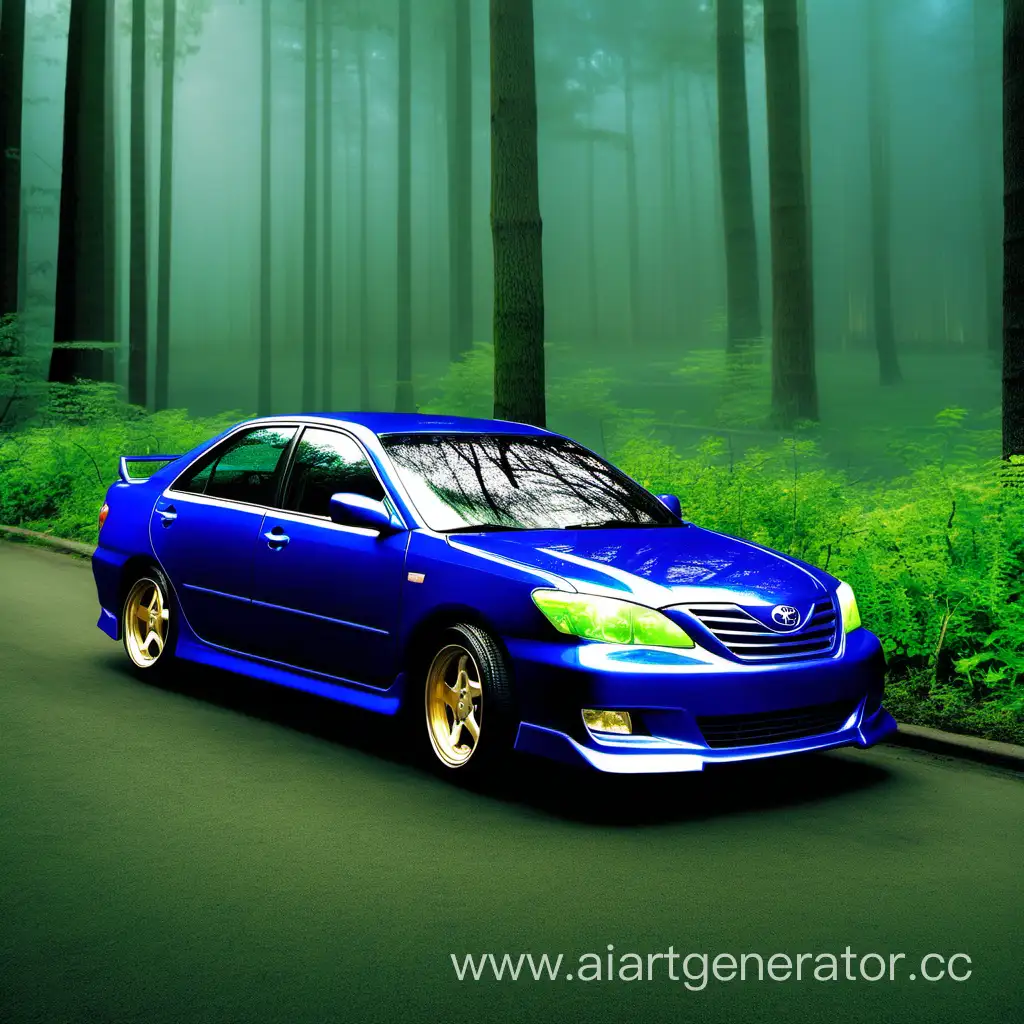 Blue-Toyota-Camry-2003-Parked-Next-to-Hulk-in-Forest-Setting