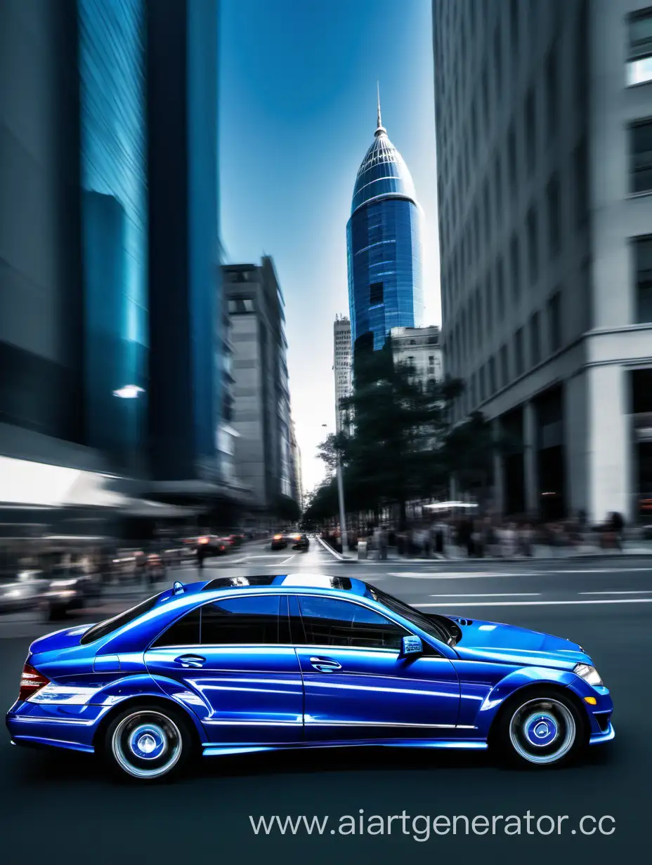 Bright blue Mercedes in the city in motion.