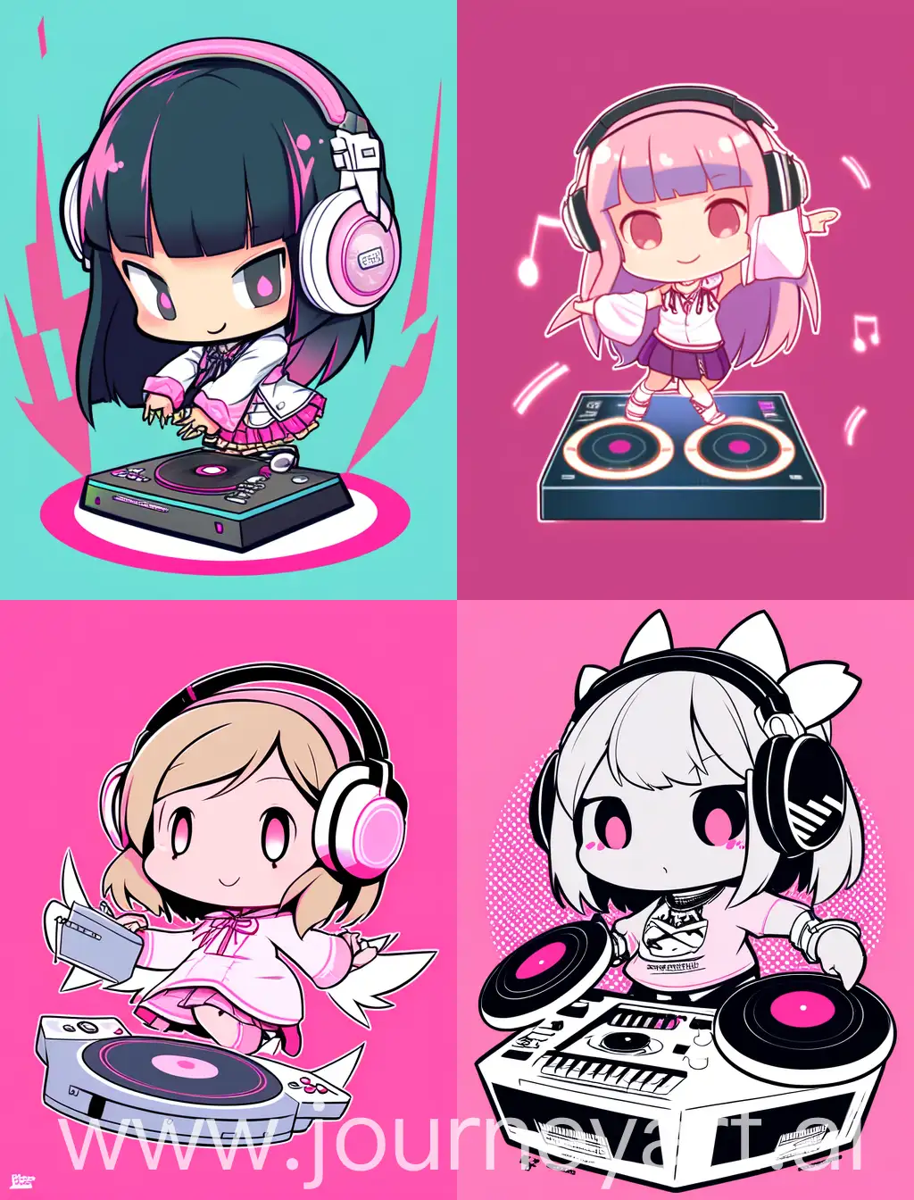 chibi anime girl, playing dj, with pink solid background, strong lines