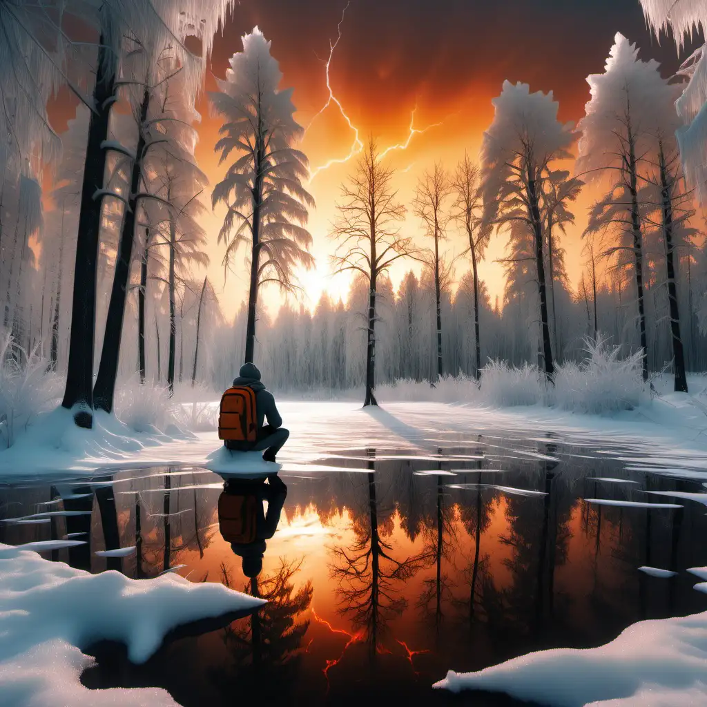 create hype snow covered forest, frozen lake in the middle with reflection, huge trees, silhouette of a guy with beanie and backpack sitting, 1080p resolution, high definition, ultra 4K, volumetric lightning, orange sunset
