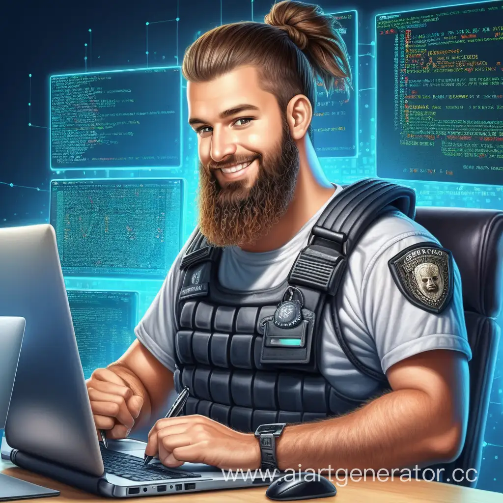 30 years old man security software-engineer with beard and pony-tail smiling writing code cyber background