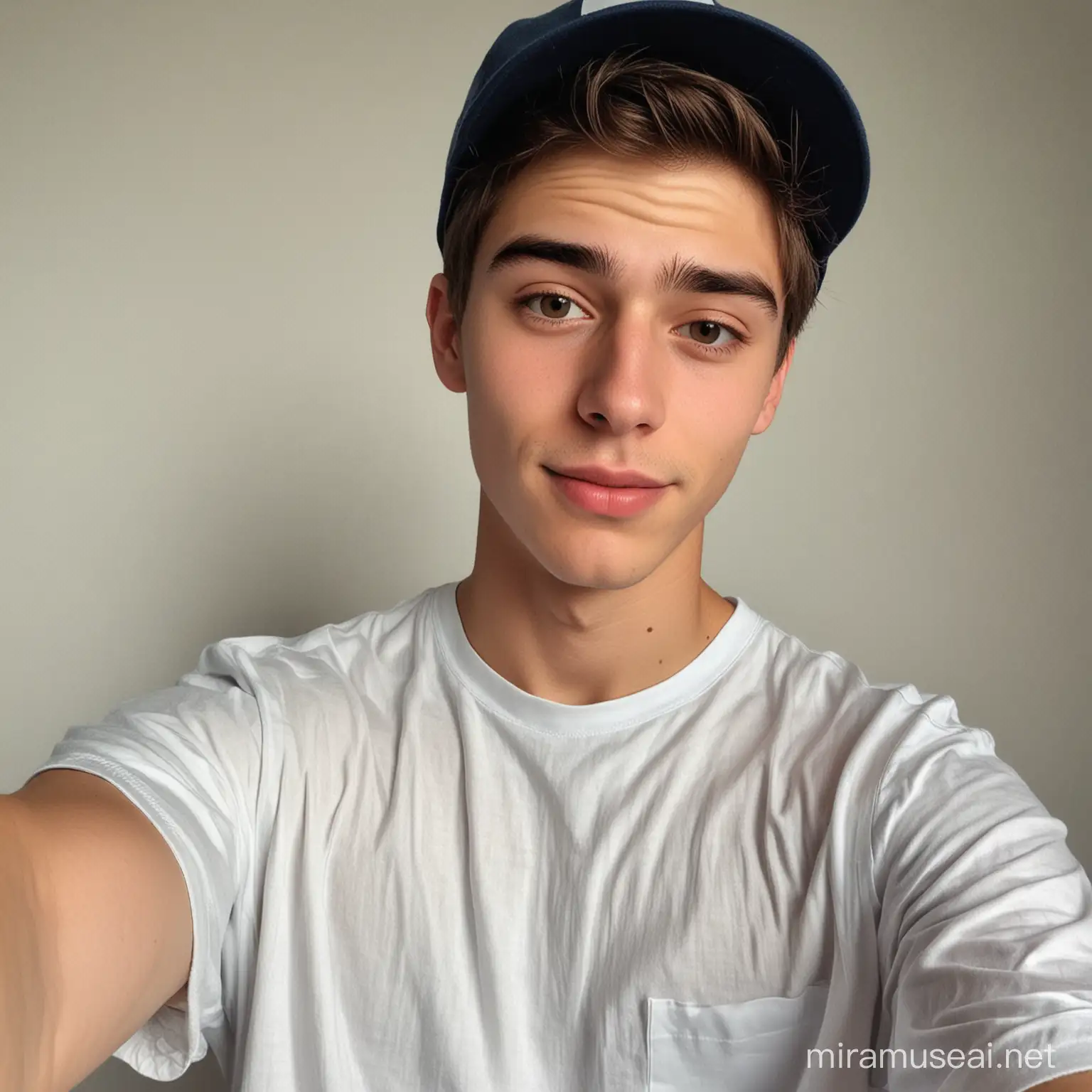 A attractive teen guy. He is wearing a cap, wearing an oversized shirt and taaking a selfie