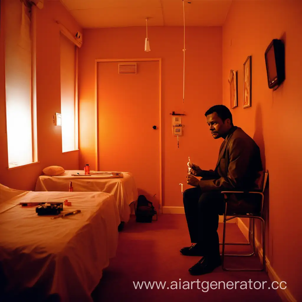 Мужчина сидит в полутемной рыжей комнате в отеле, а рядом лежит с ним шприц