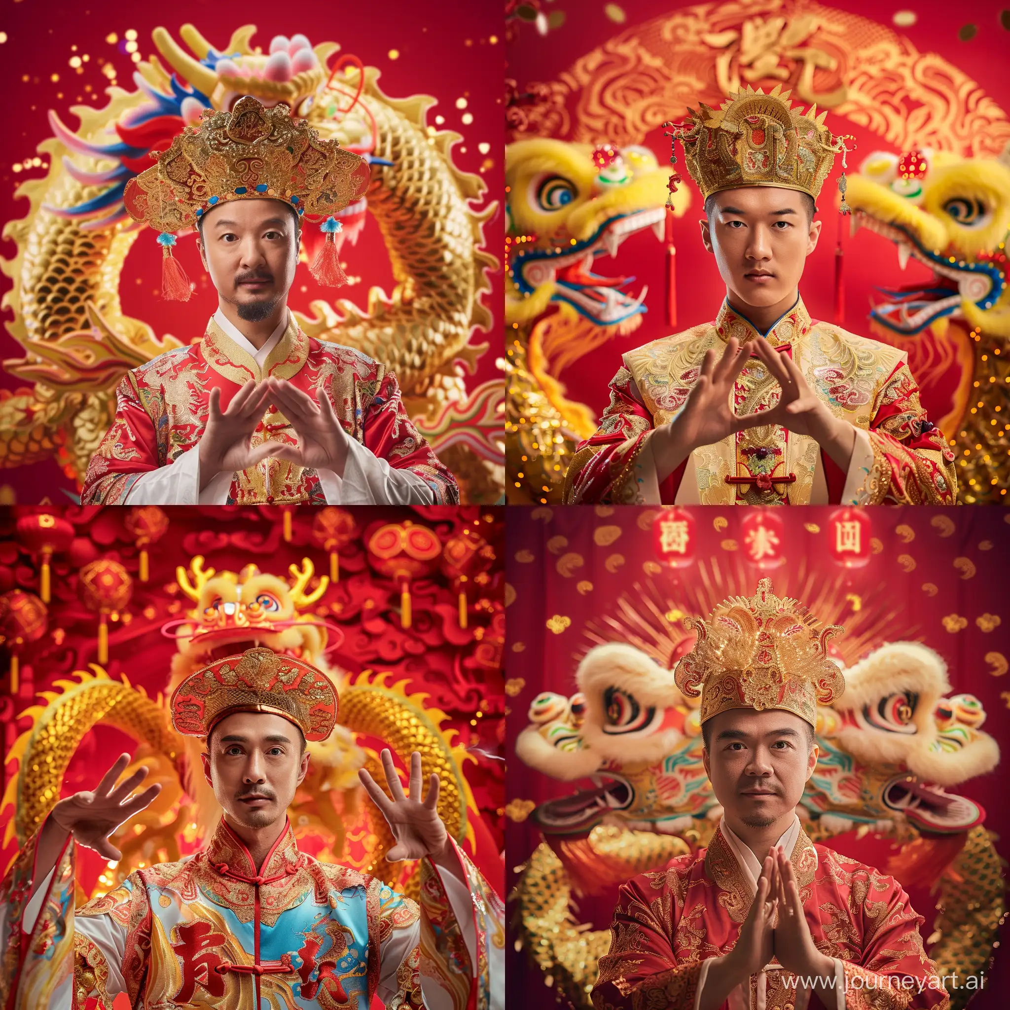 A 30-year-old Chinese male is dressed in the costume of the God of Wealth, wearing the God of Wealth's hat. Behind him is a red festive background. He faces the screen, making a traditional Chinese New Year greeting gesture. A golden Chinese dragon surrounds him from behind, creating a joyful atmosphere. --v 6 --ar 1:1 --no 86016