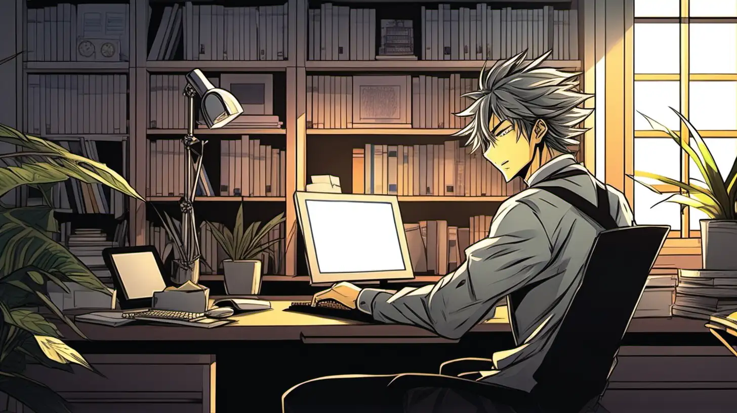 in anime style, a successful man working on his computer in his beautiful suburban home office